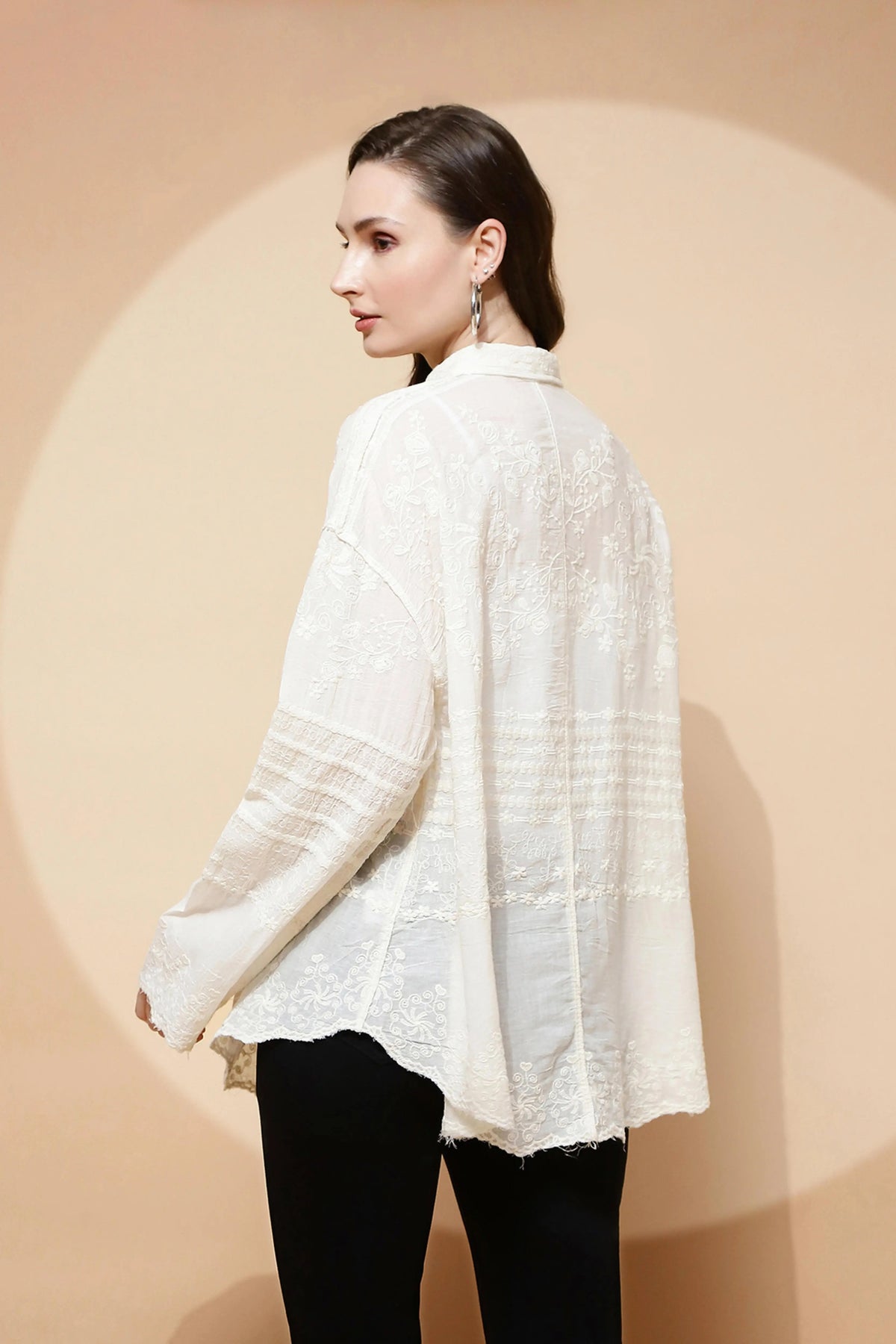 White Cotton Embroidered Loose Shirt - Global Republic