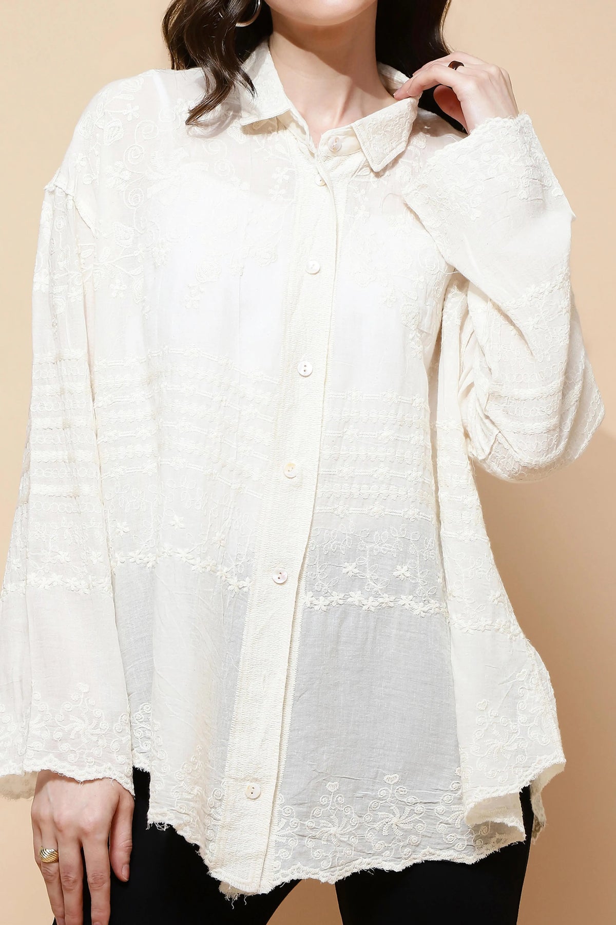 White Cotton Embroidered Loose Shirt - Global Republic