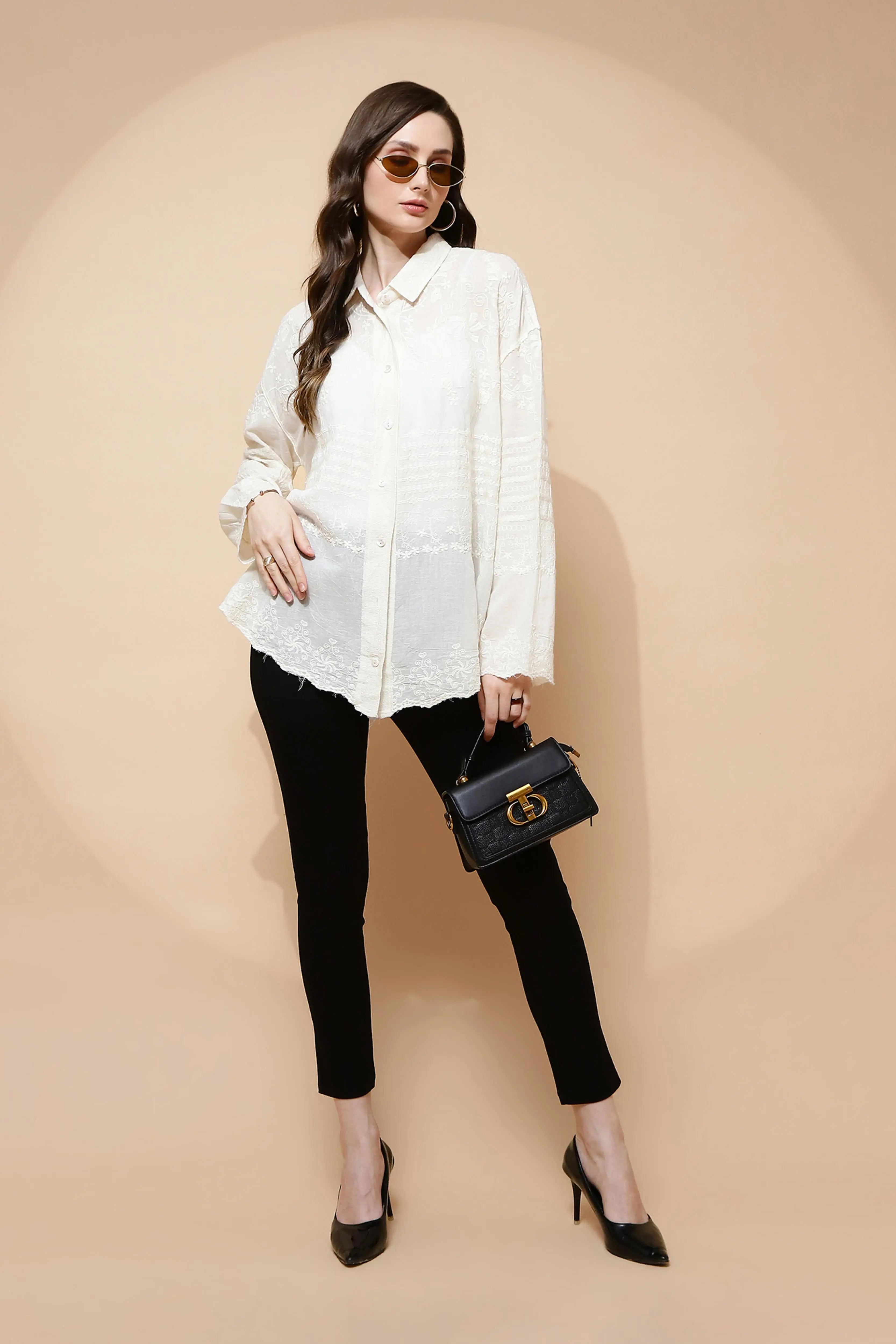 White Cotton Embroidered Loose Shirt - Global Republic