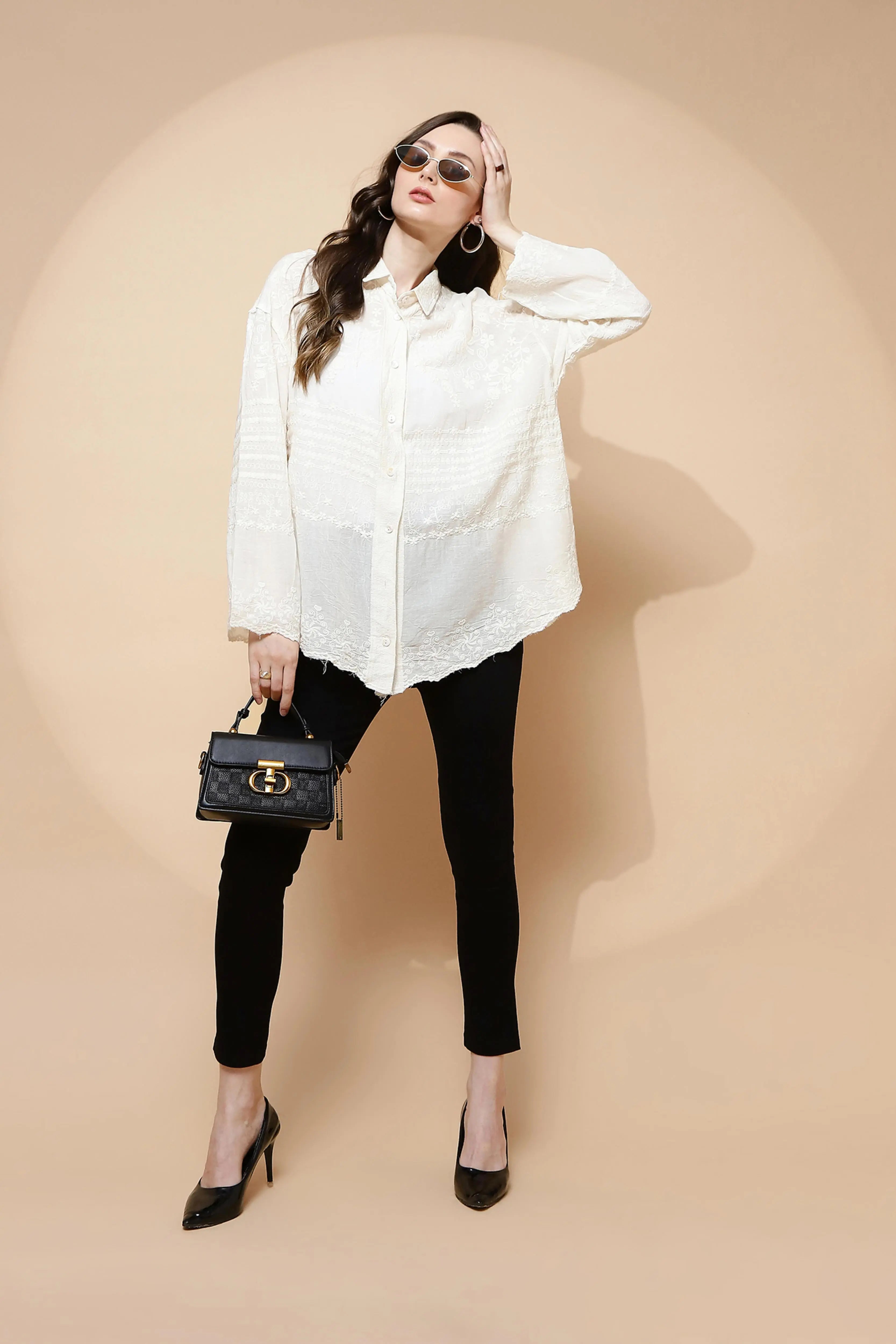 White Cotton Embroidered Loose Shirt - Global Republic