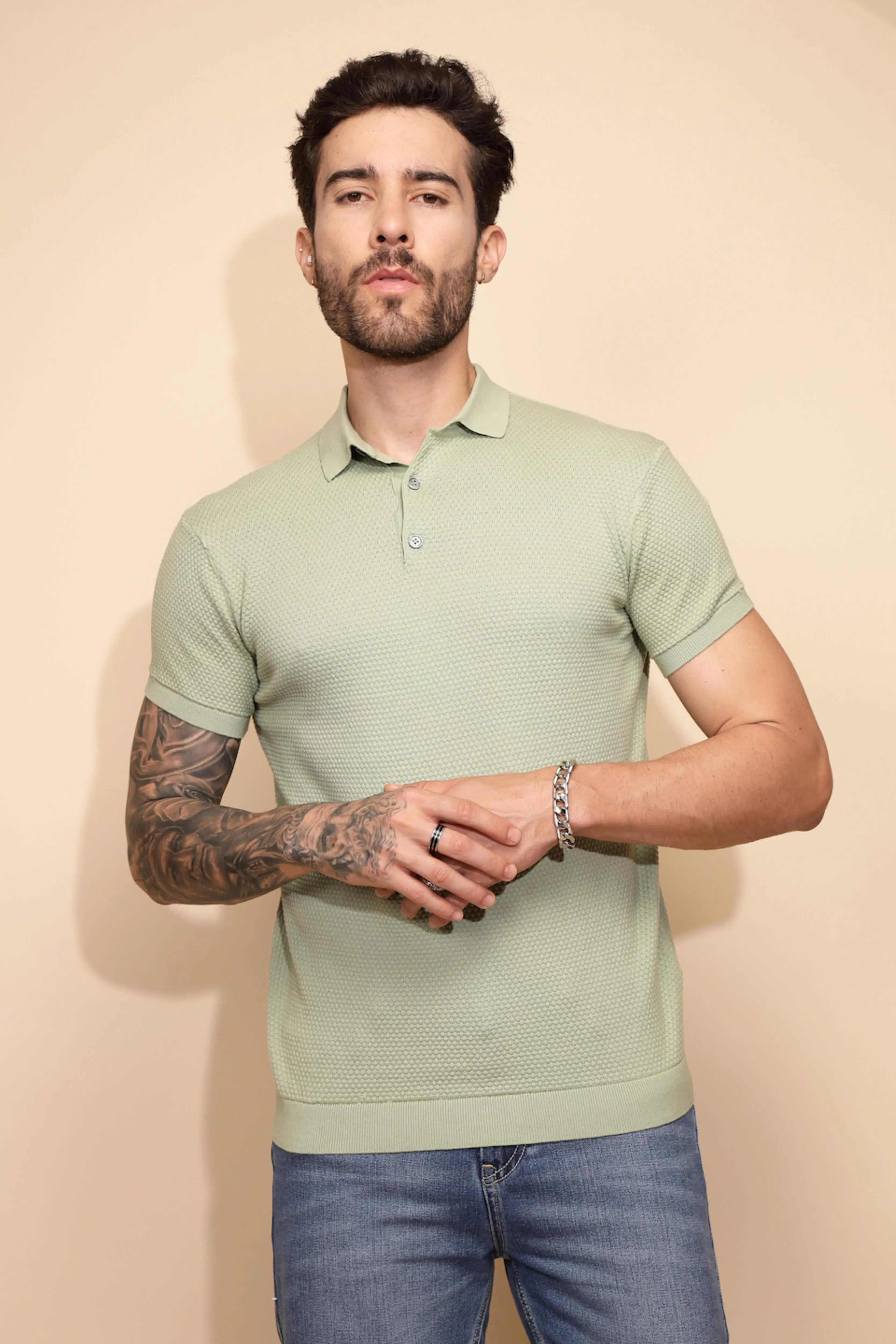 Sage Green Cotton Regular Fit T-Shirt For Men - Global Republic
