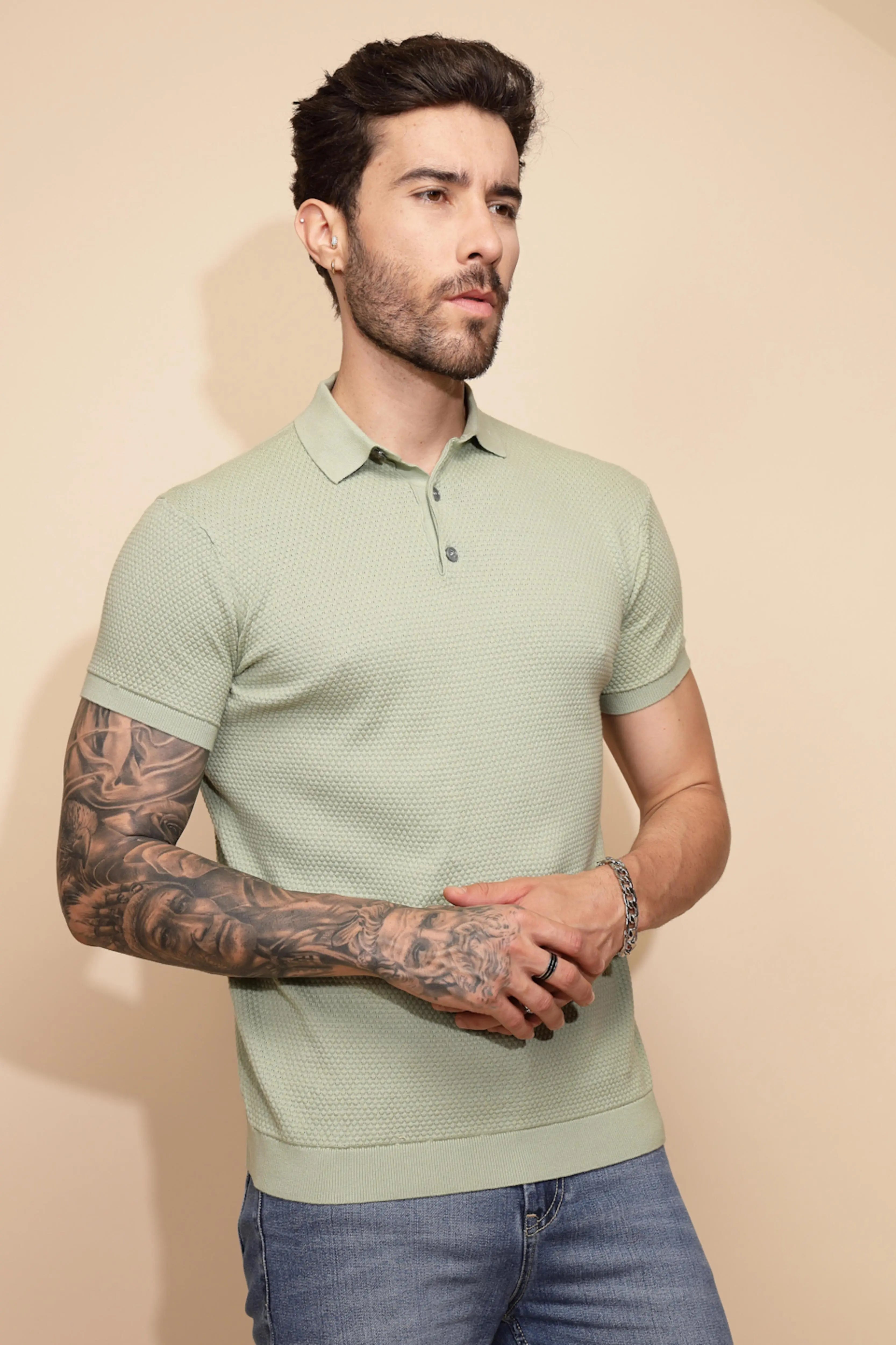 Sage Green Cotton Regular Fit T-Shirt For Men - Global Republic