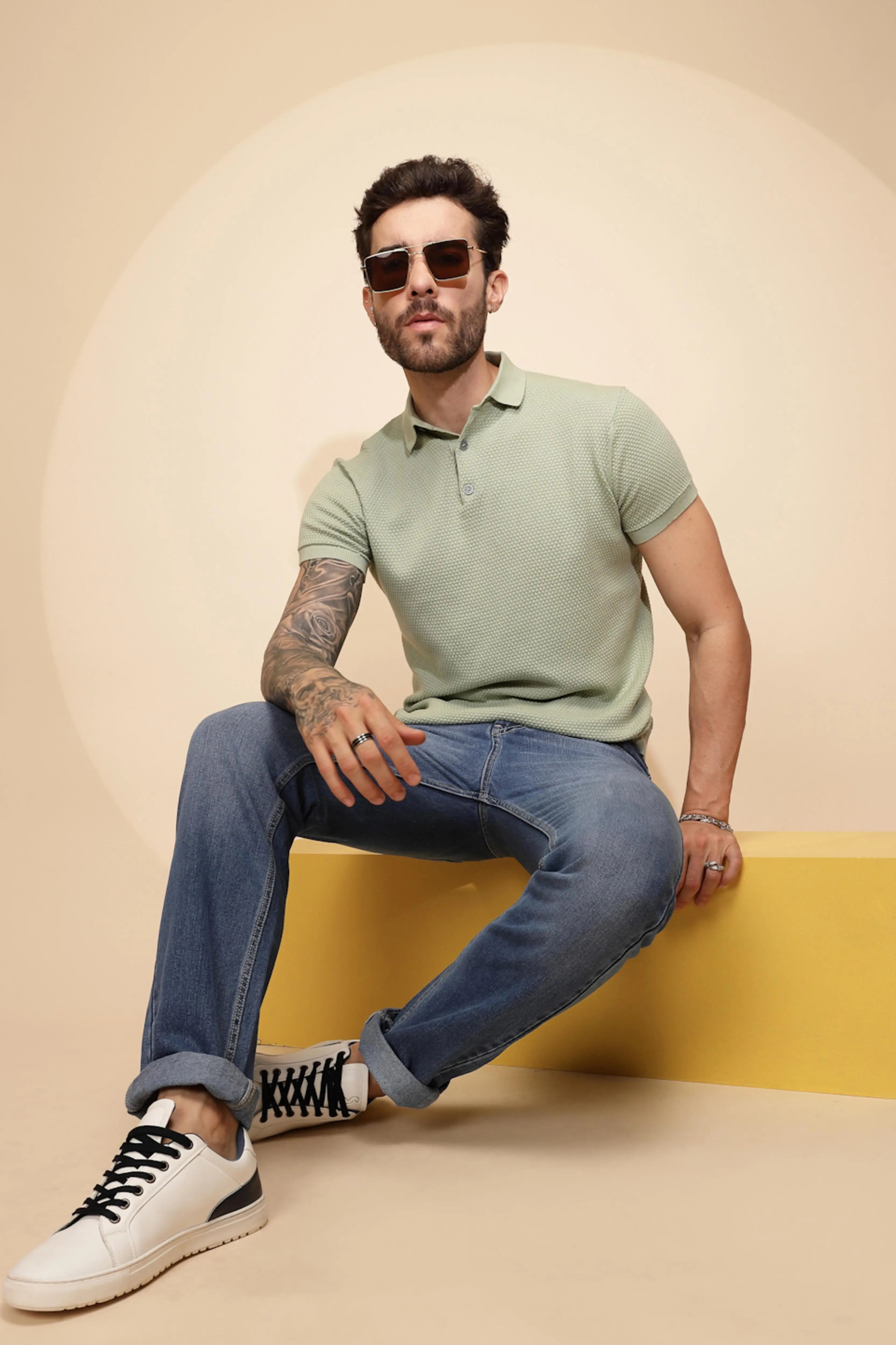 Sage Green Cotton Regular Fit T-Shirt For - Global Republic