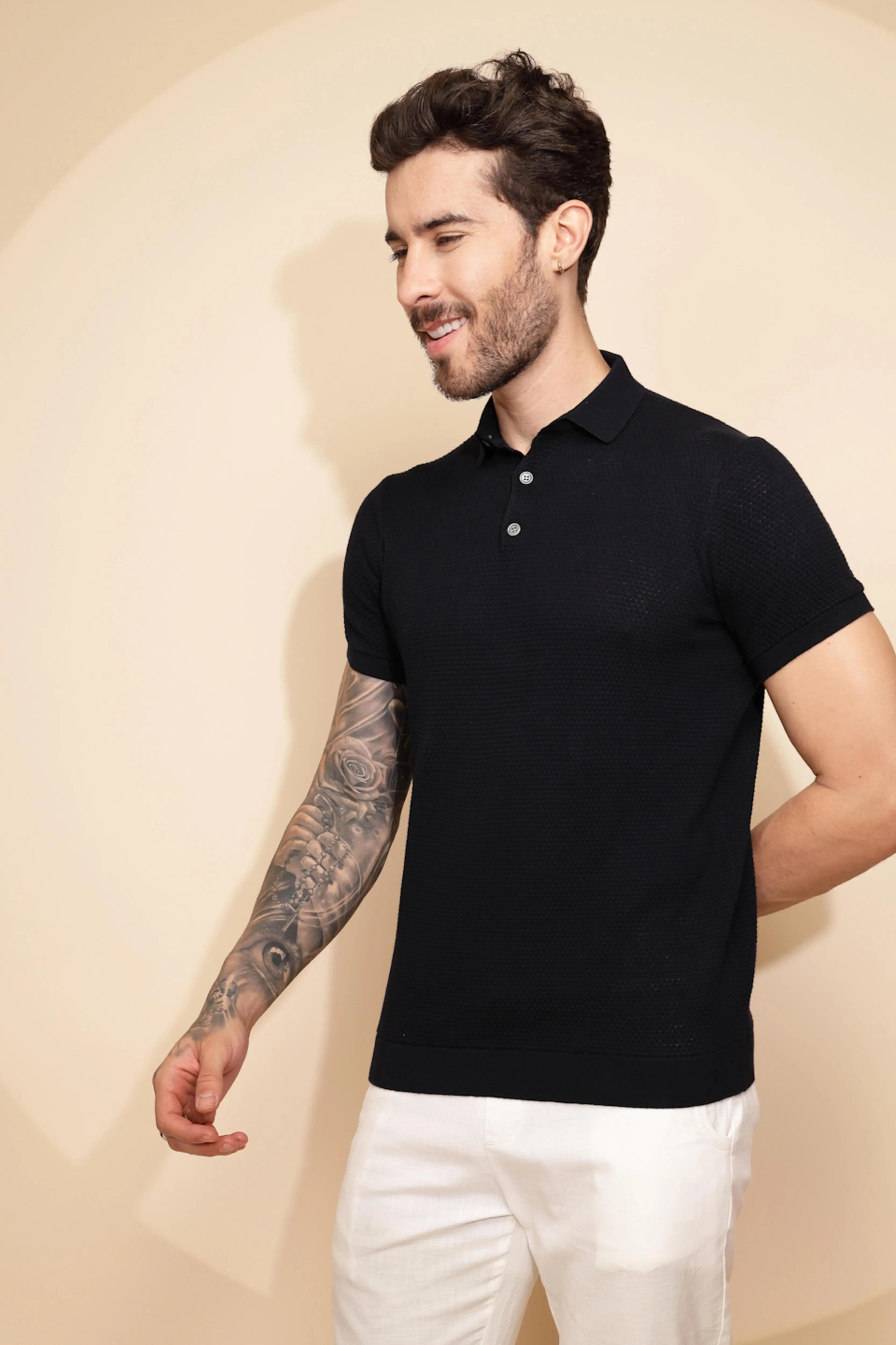 Navy Blue Cotton Regular Fit T-Shirt For Men - Global Republic