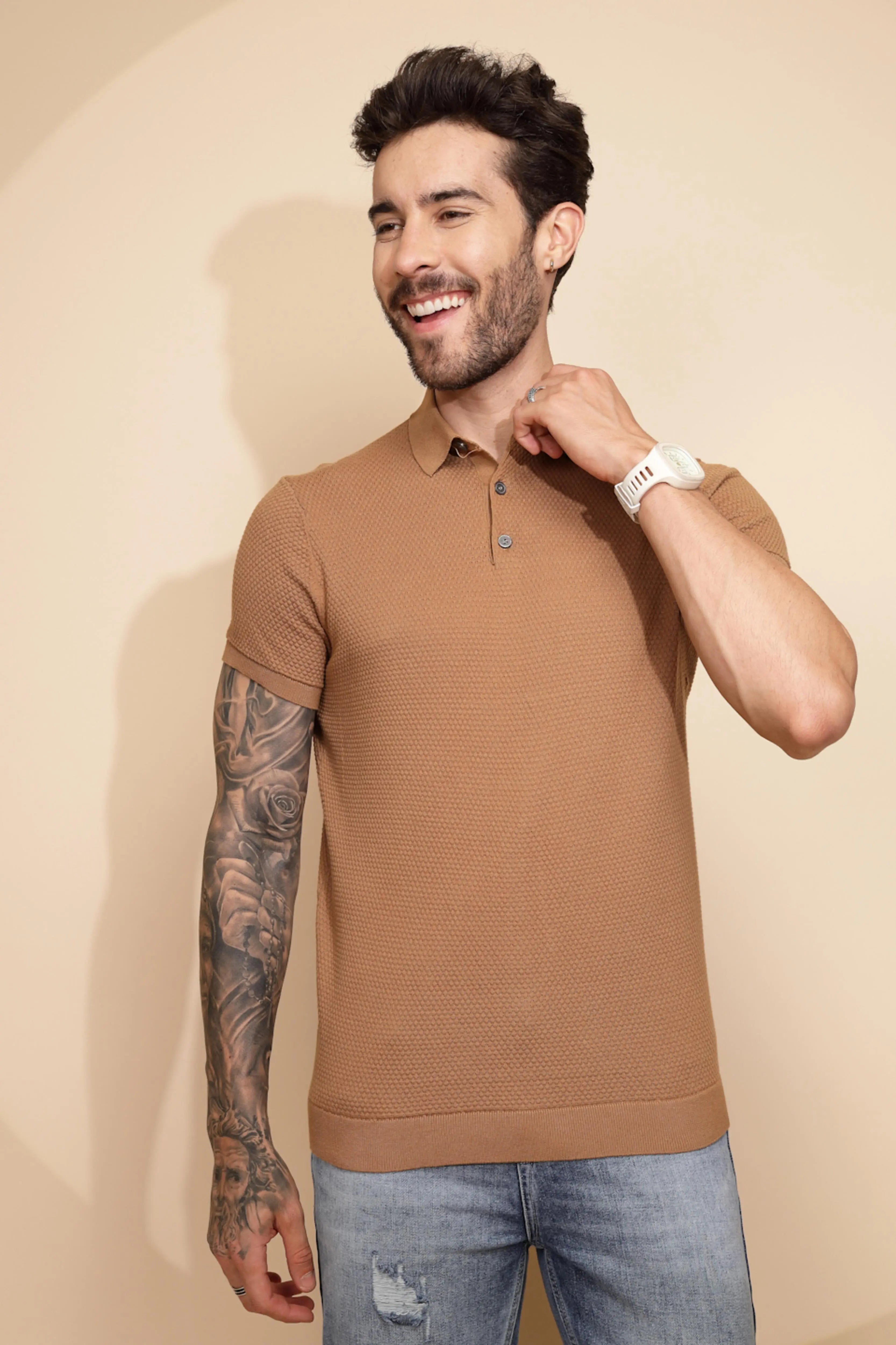 Brown Cotton Regular Fit T-Shirt For Men - Global Republic