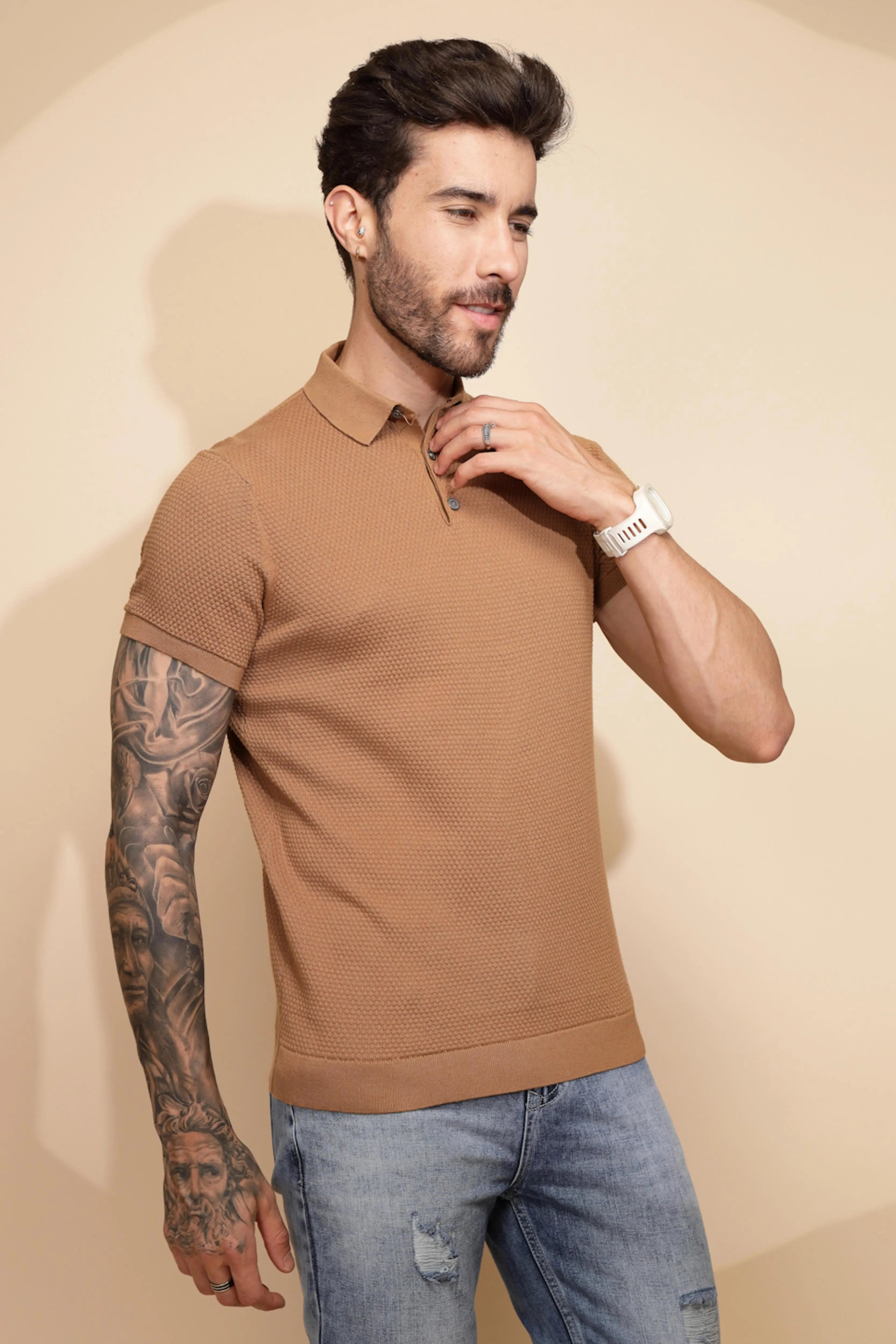 Brown Cotton Regular Fit T-Shirt For Men - Global Republic