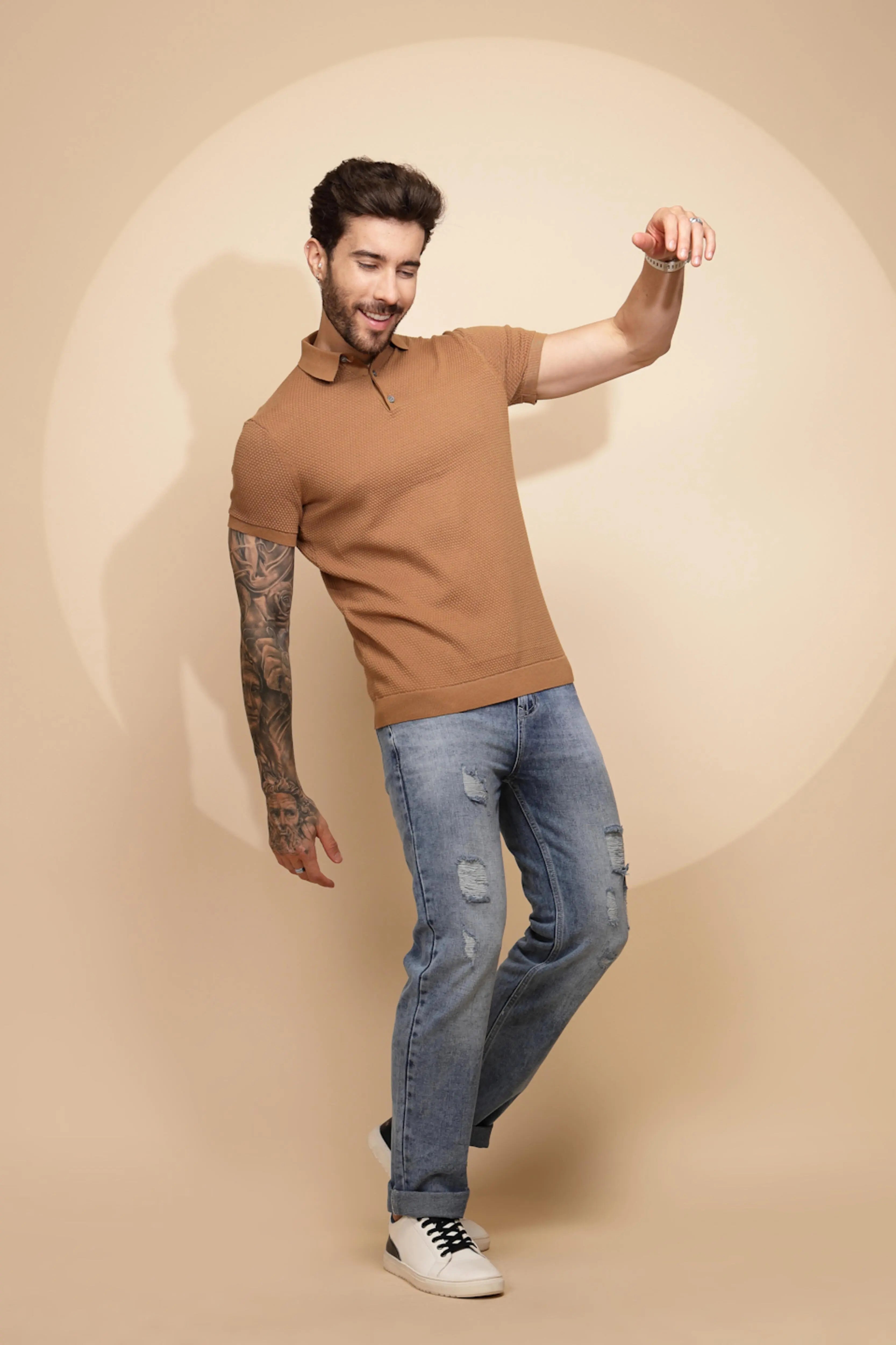 Brown Cotton Regular Fit T-Shirt For Men - Global Republic
