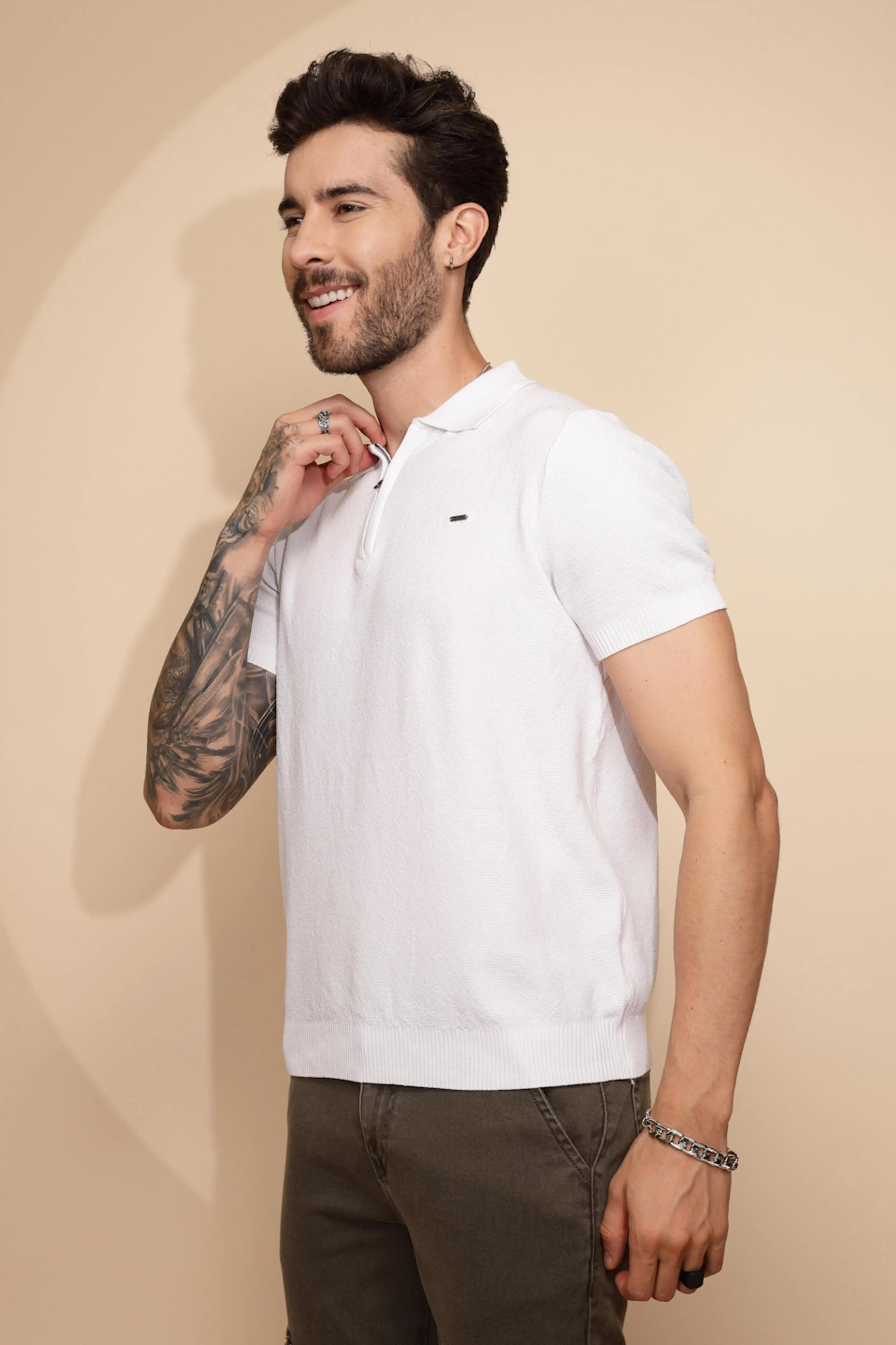 White Viscose Blend Regular Fit T-Shirt - Global Republic