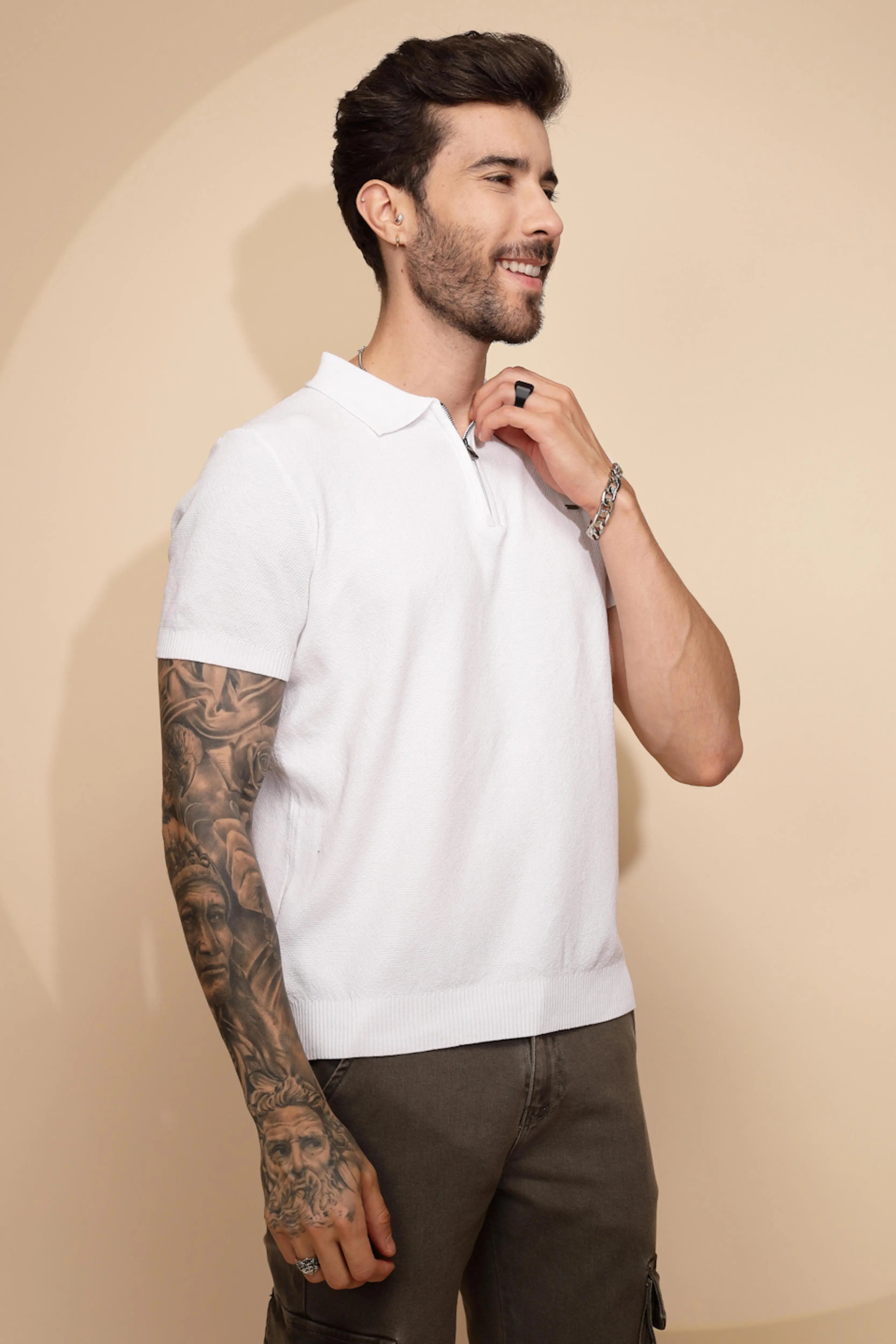 White Viscose Blend Regular Fit T-Shirt - Global Republic