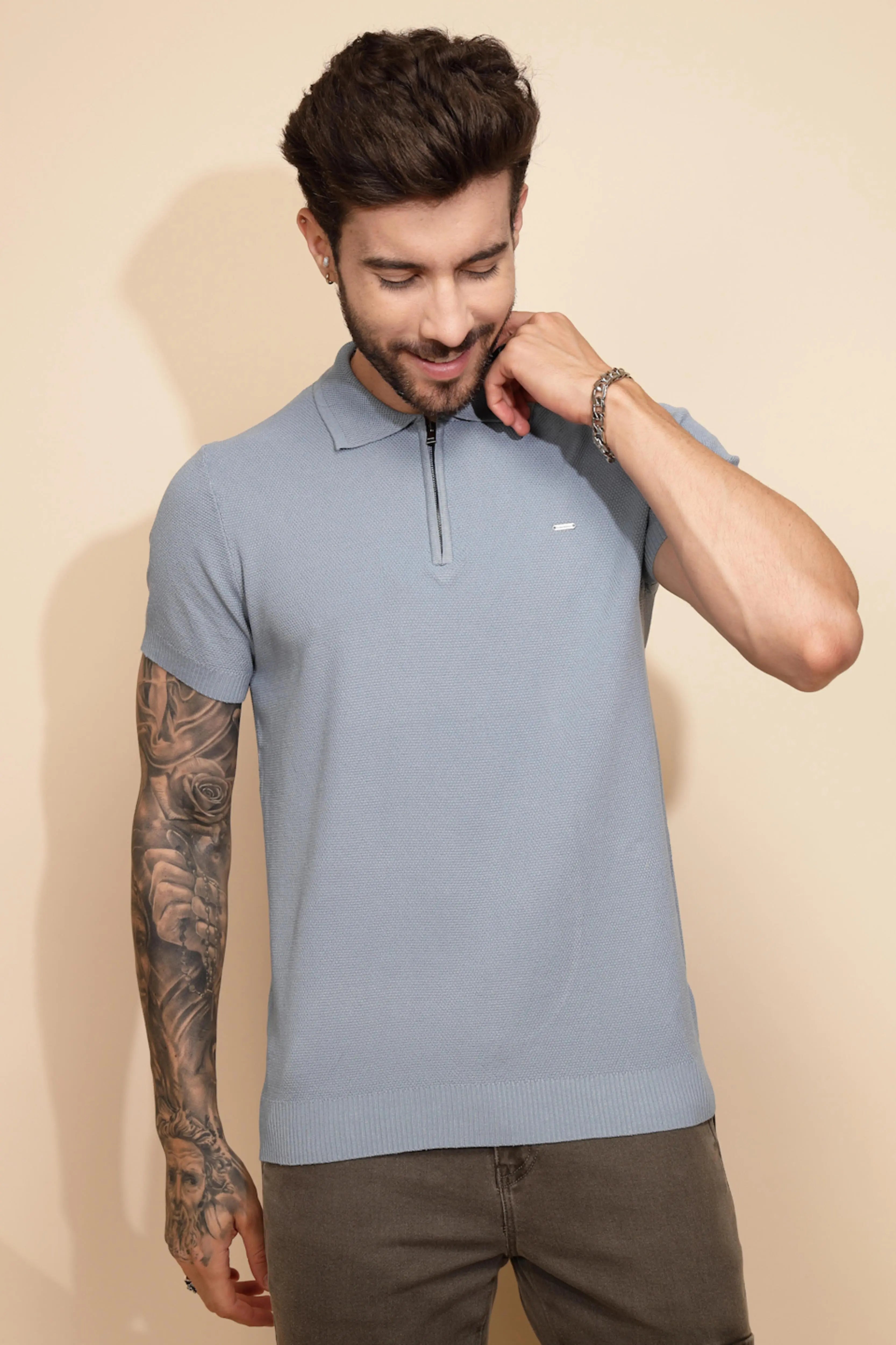 Blue Viscose Blend Regular Fit T-Shirt For Men - Global Republic
