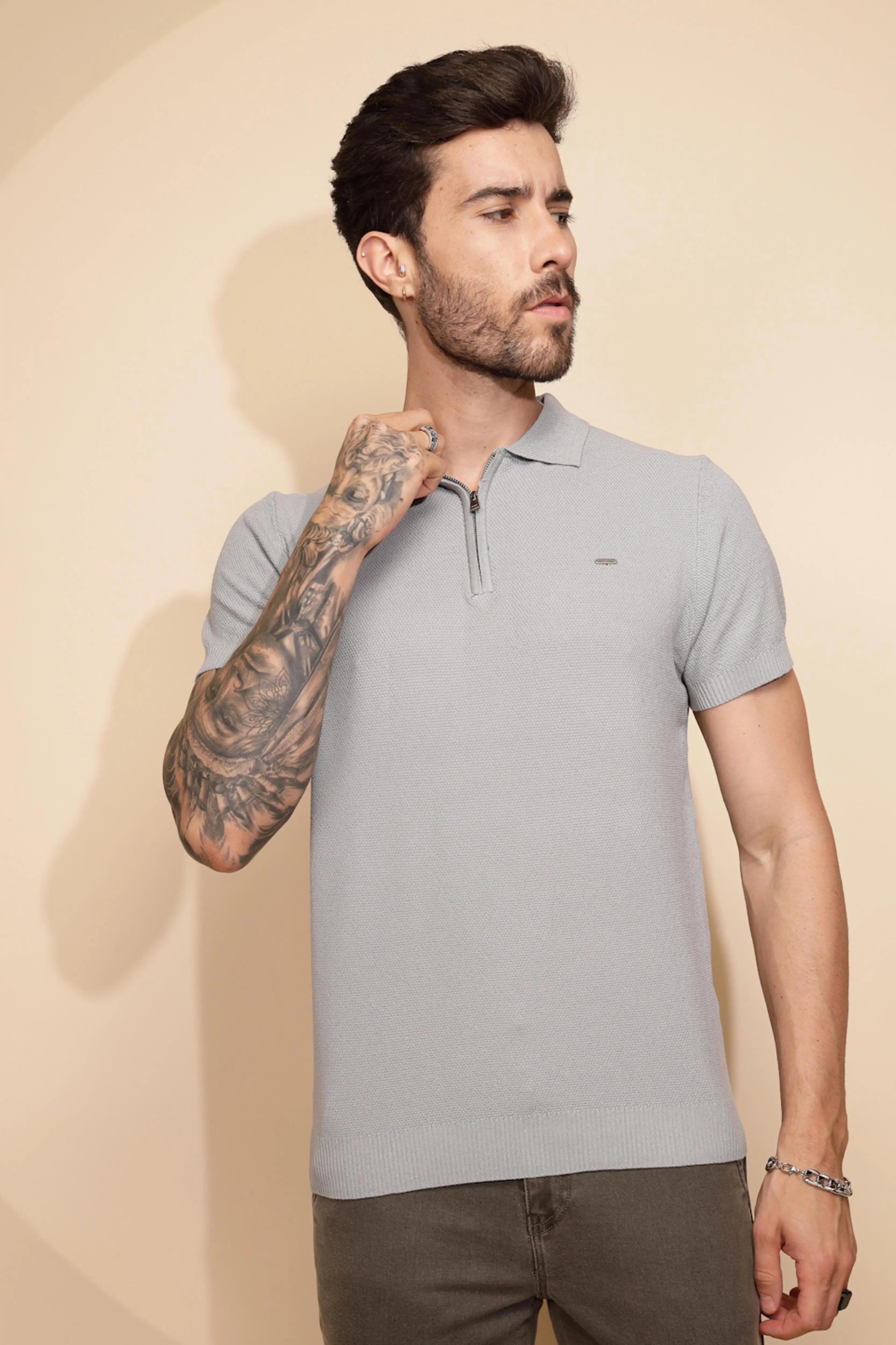 Grey Viscose Blend Regular Fit T-Shirt For Men - Global Republic