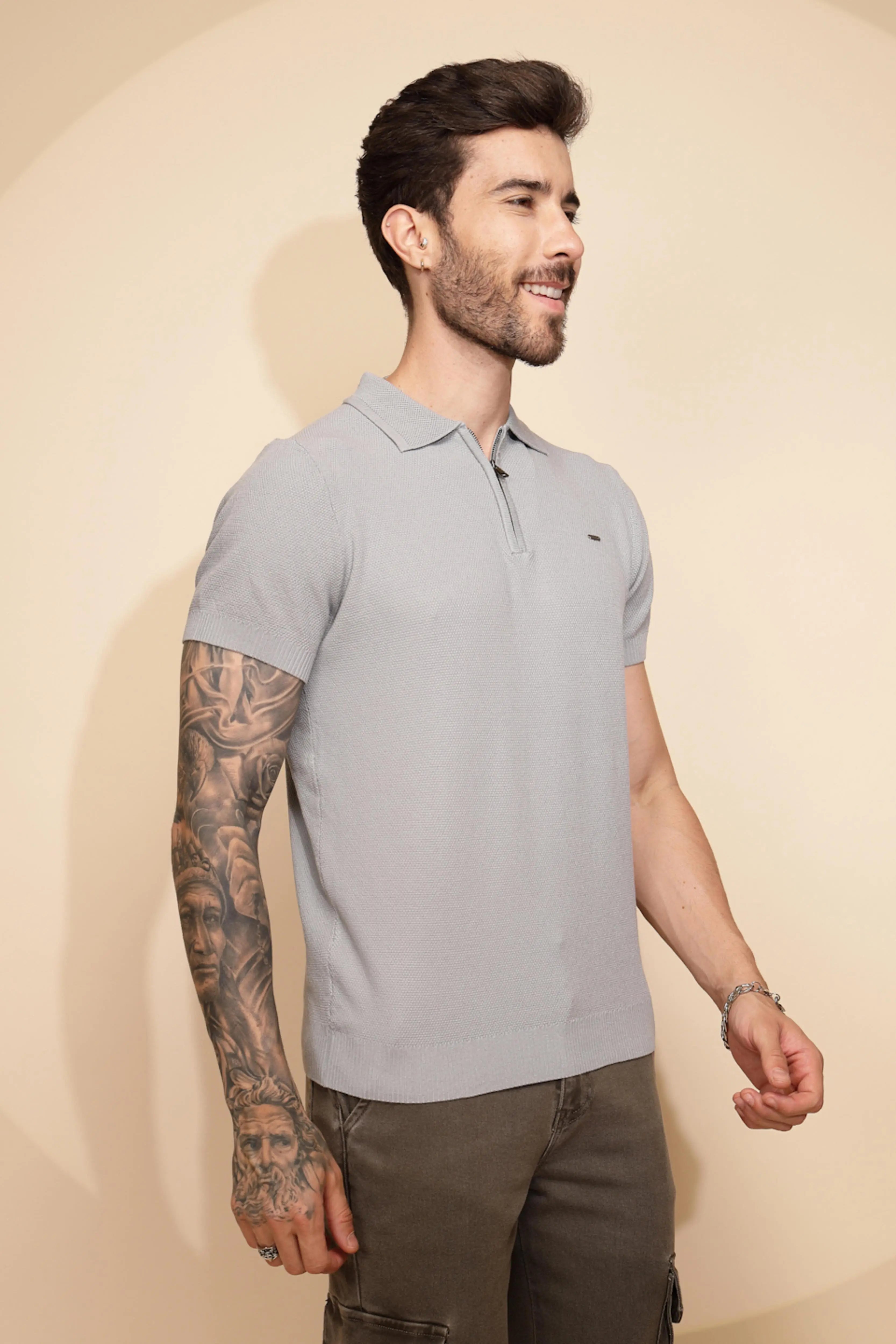 Grey Viscose Blend Regular Fit T-Shirt For Men - Global Republic