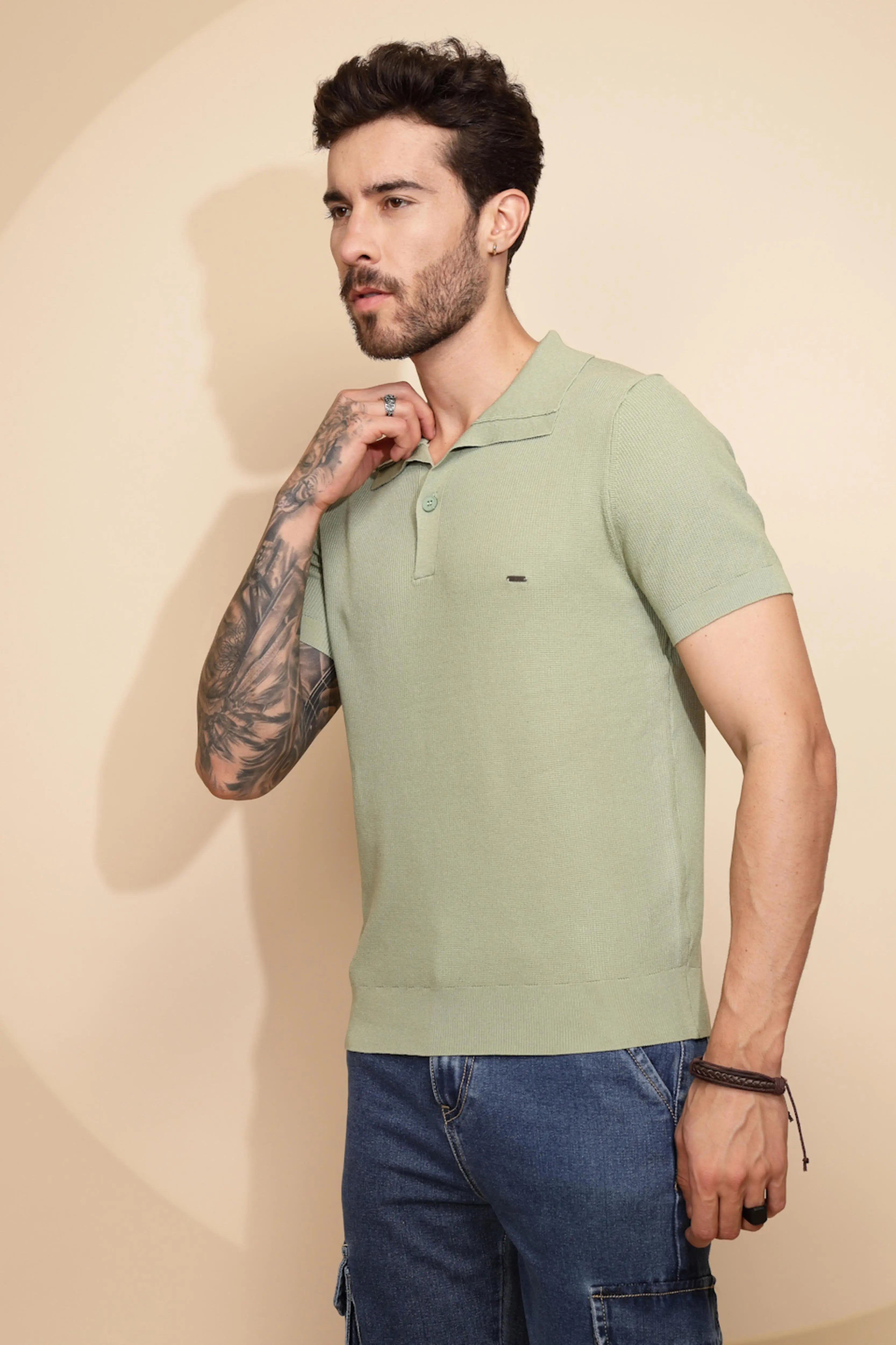 Green Viscose Blend Regular Fit T-Shirt For Men - Global Republic