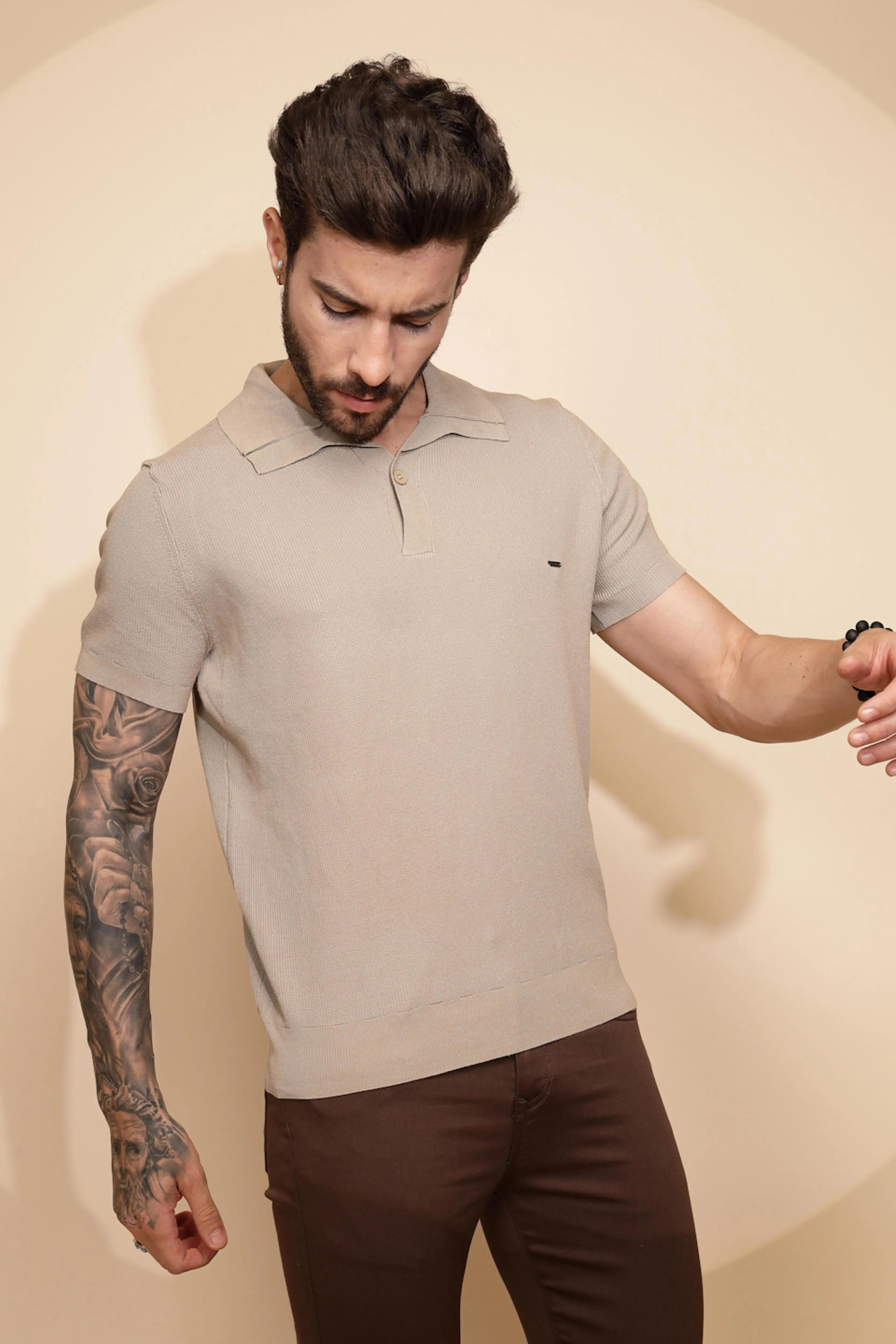 Beige Viscose Blend Regular Fit T-Shirt - Global Republic