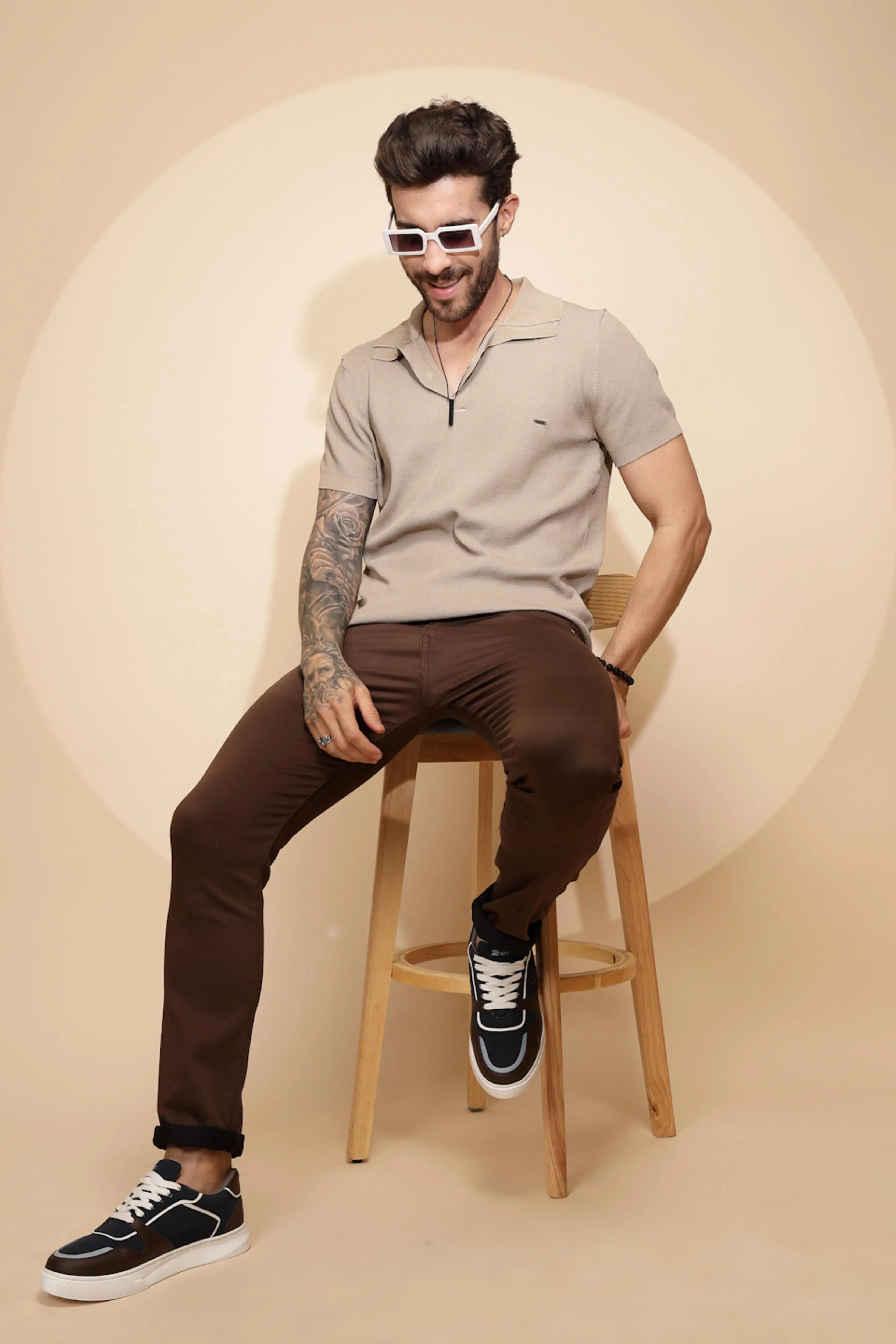 Beige Viscose Blend Regular Fit T-Shirt - Global Republic