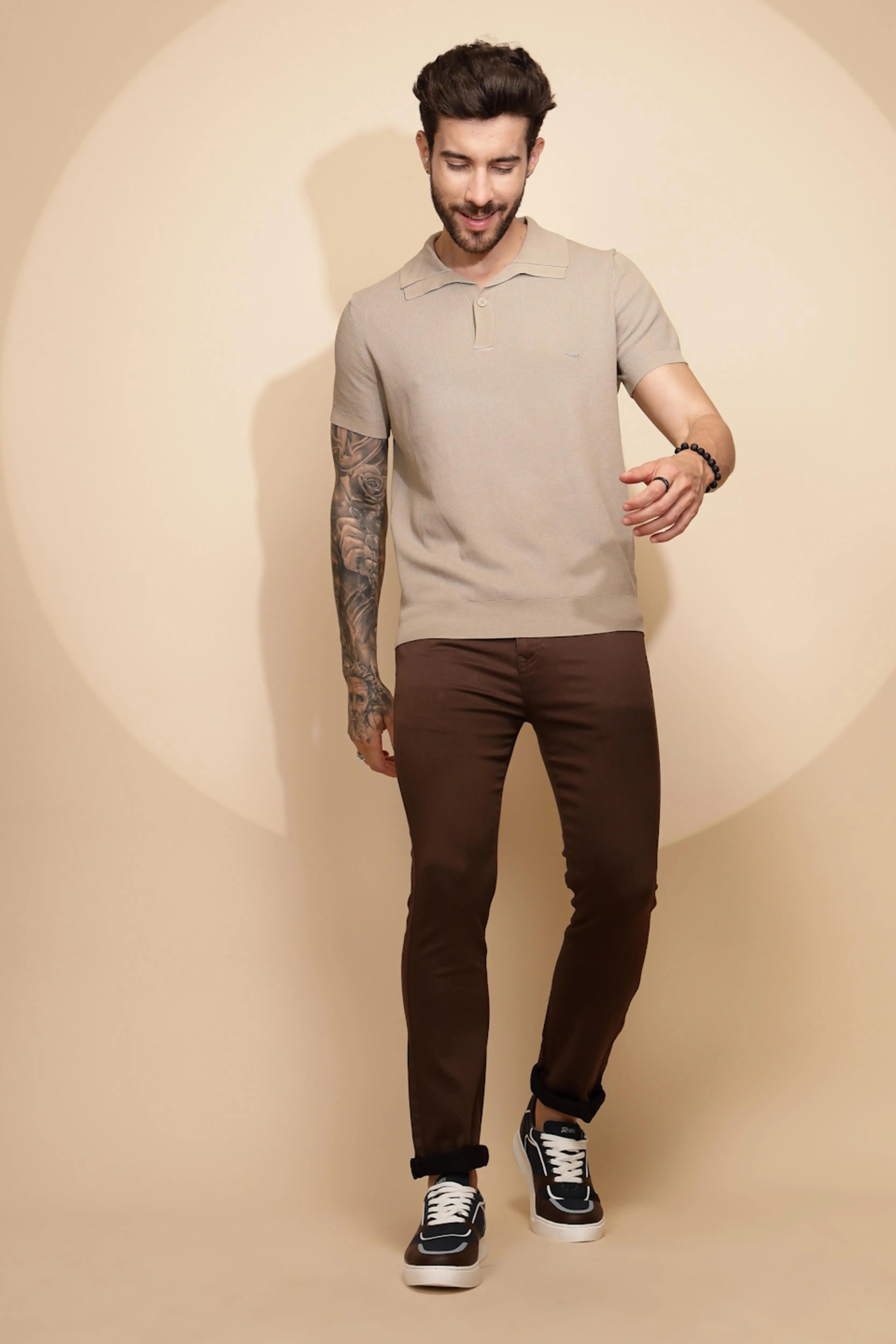 Beige Viscose Blend Regular Fit T-Shirt - Global Republic