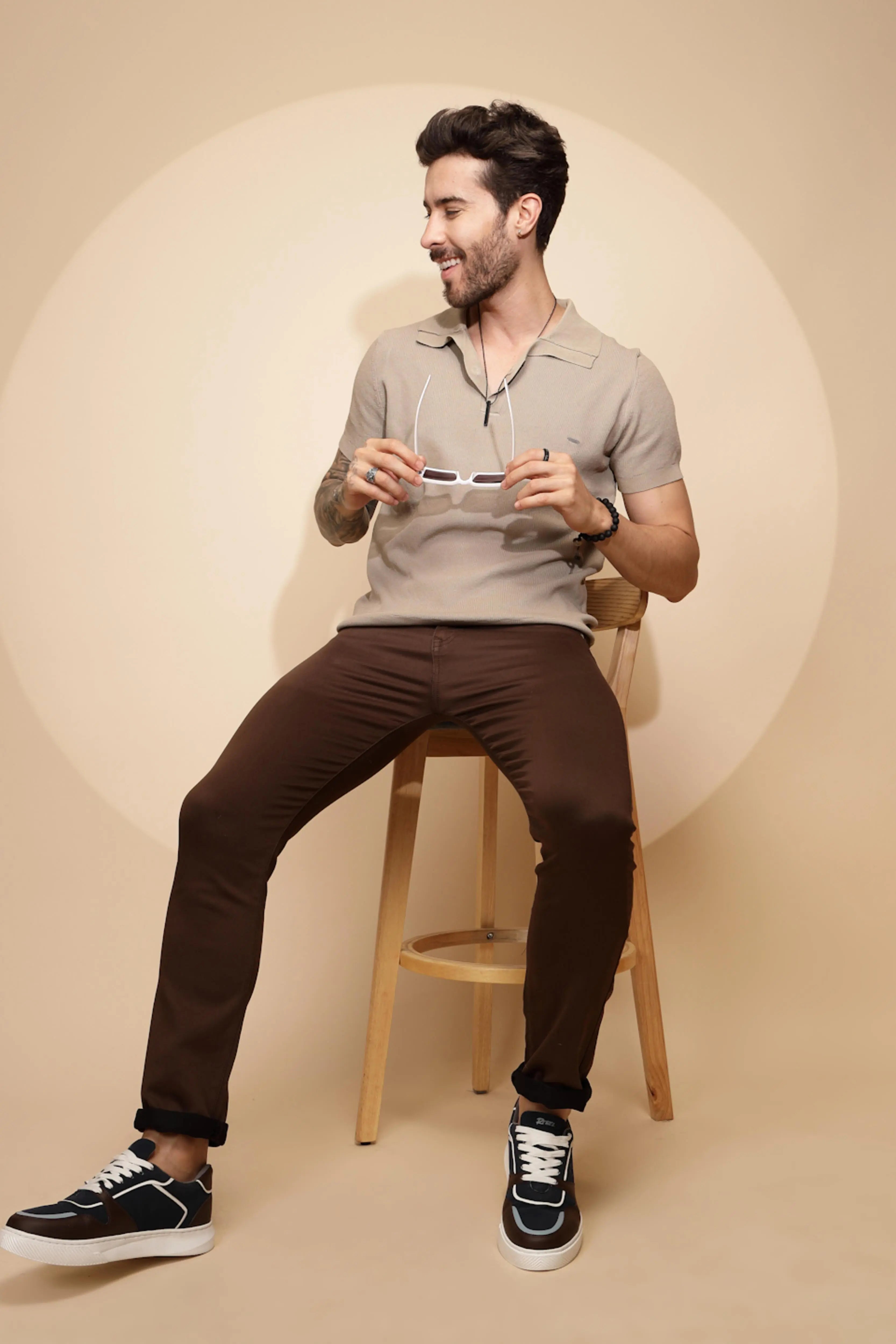 Beige Viscose Blend Regular Fit T-Shirt - Global Republic