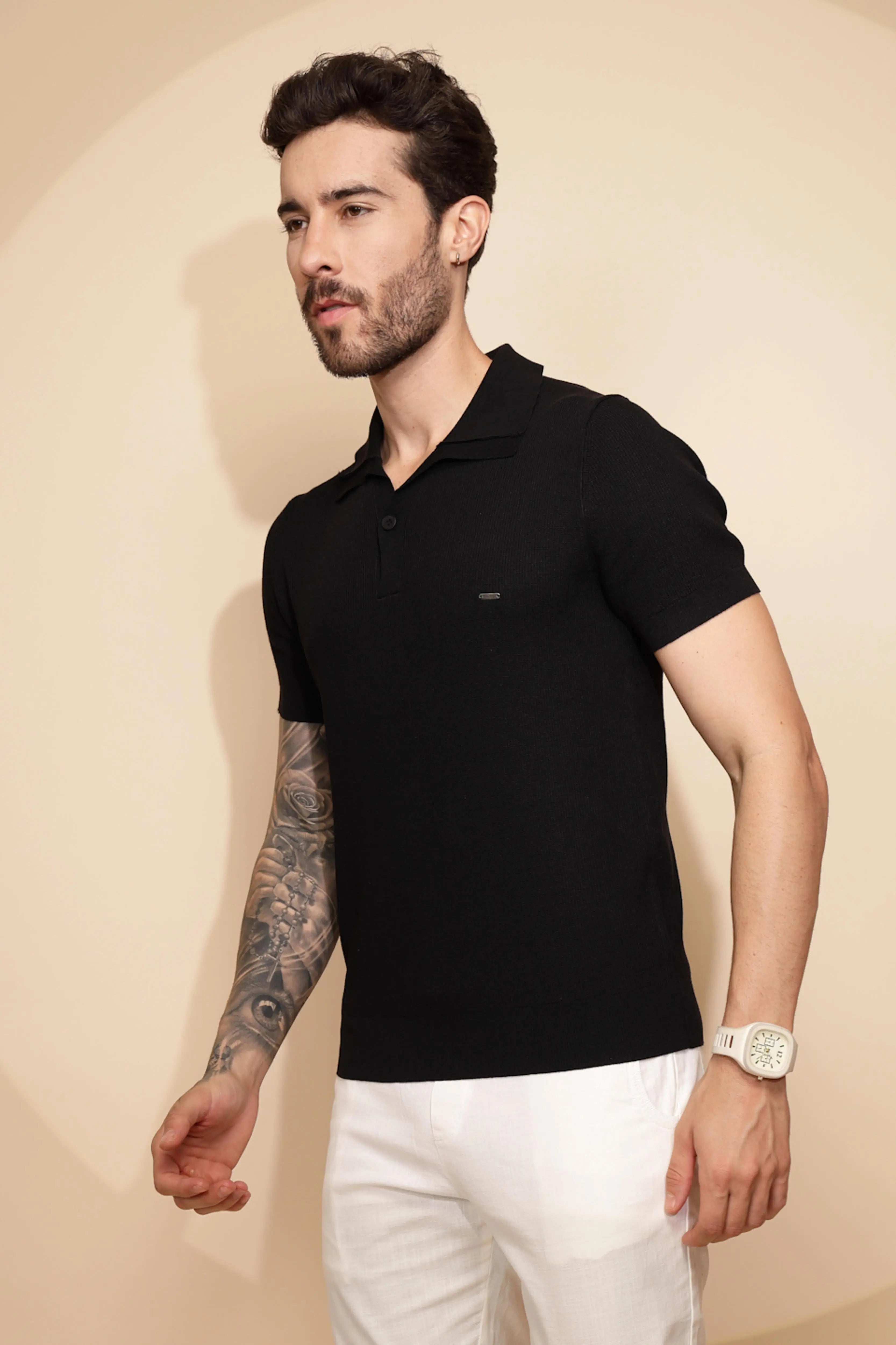 Black Viscose Blend Regular Fit T-Shirt For Men - Global Republic