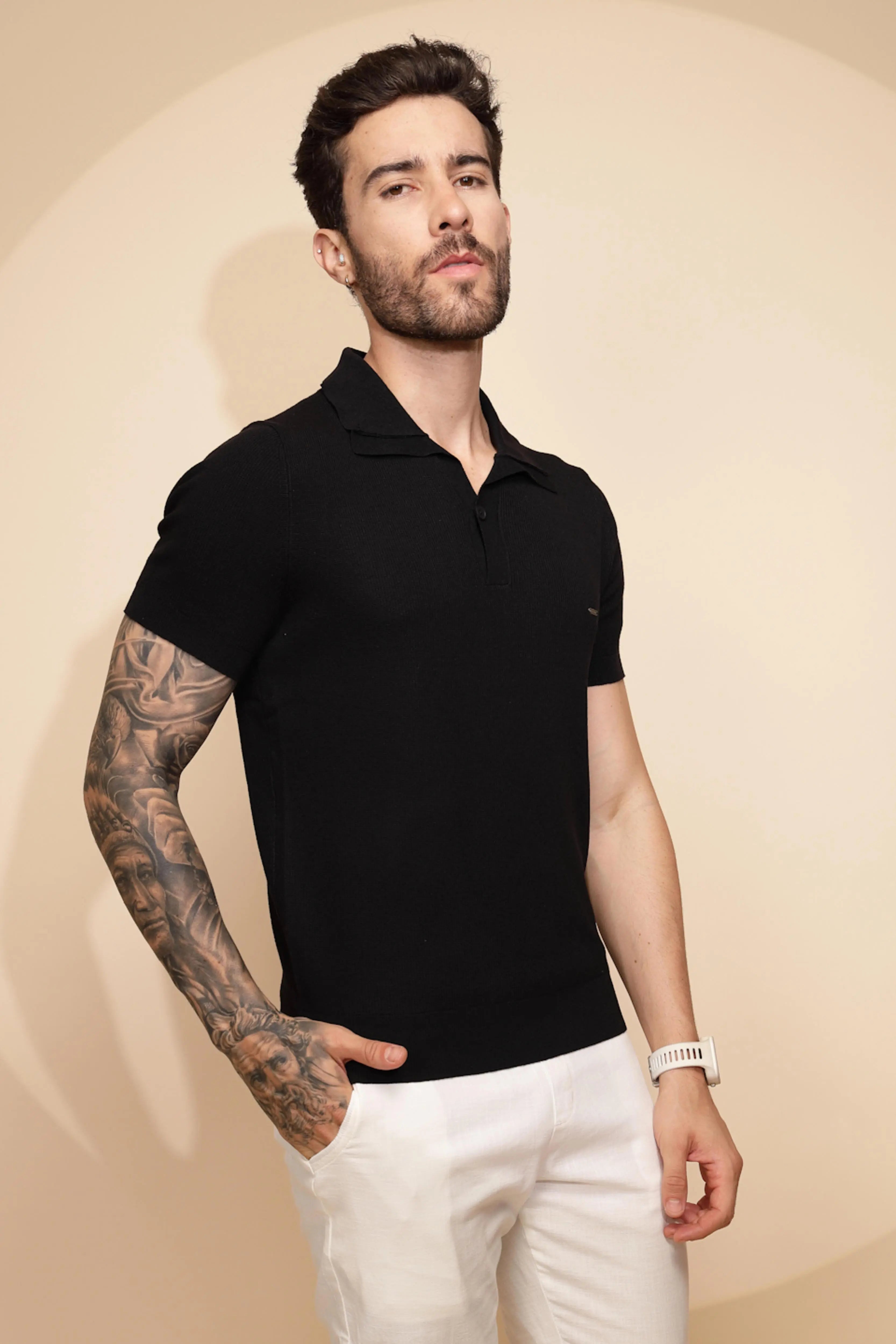 Black Viscose Blend Regular Fit T-Shirt For Men - Global Republic