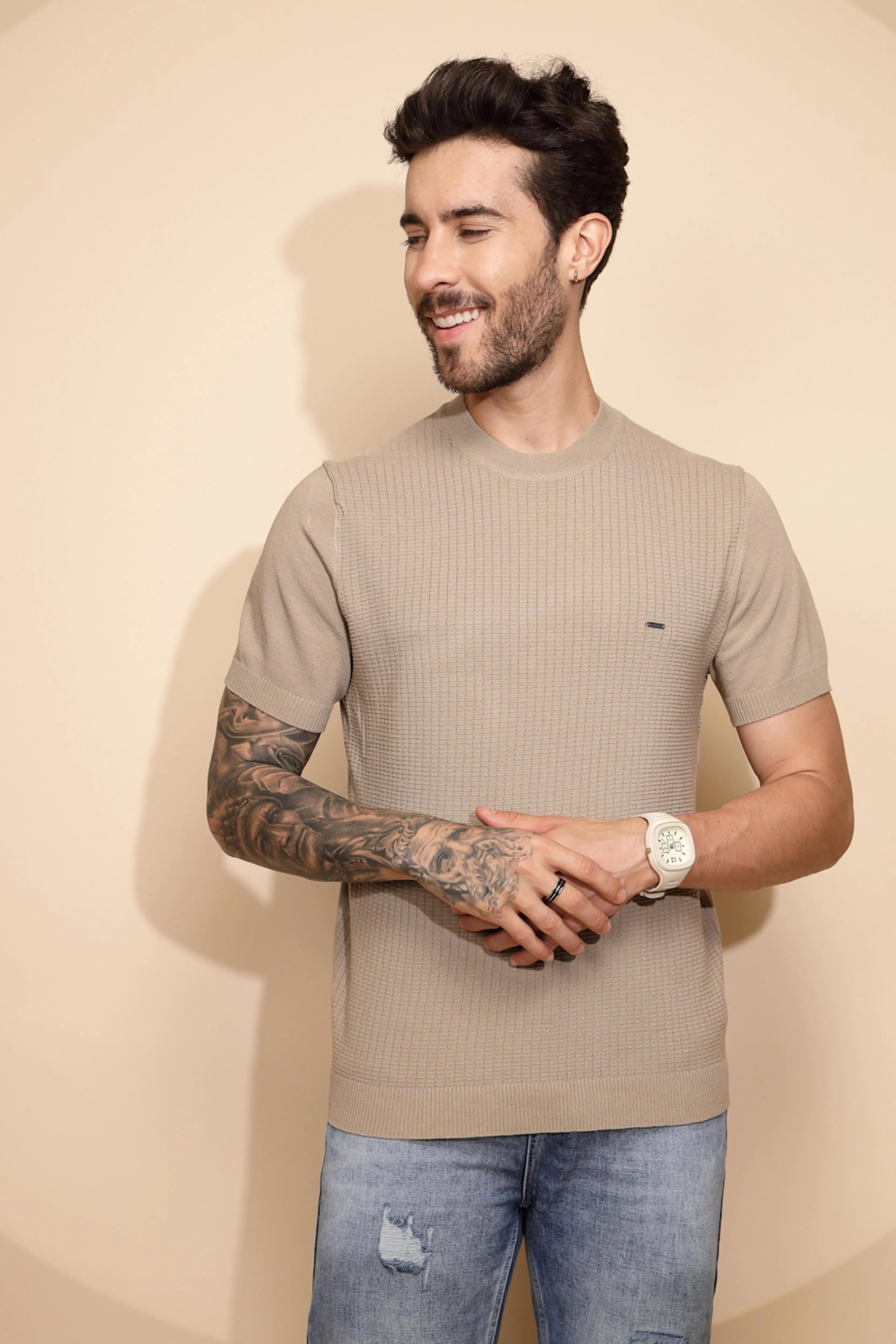 Beige Viscose Blend Regular Fit T-Shirt For Men - Global Republic