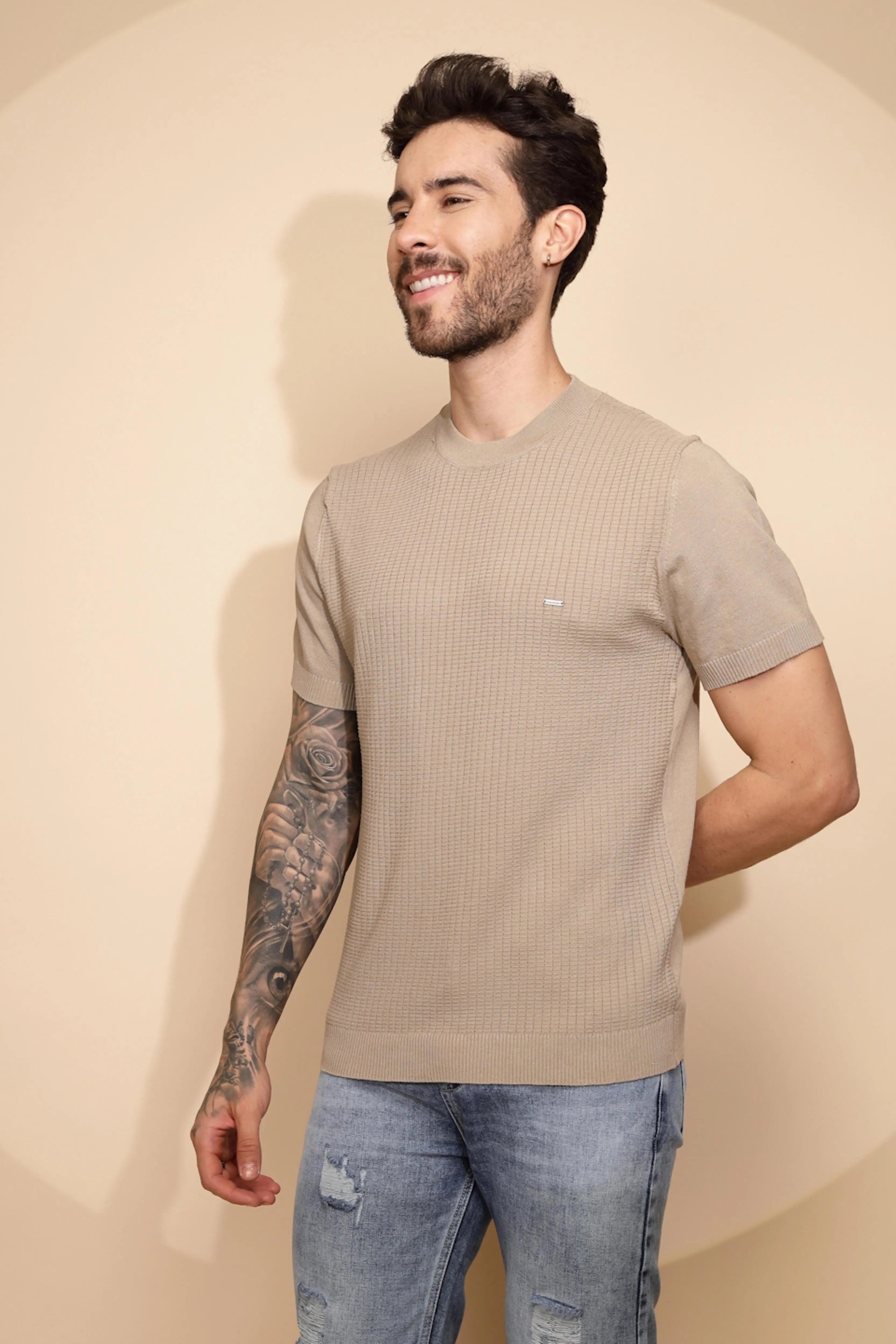 Beige Viscose Blend Regular Fit T-Shirt For Men - Global Republic