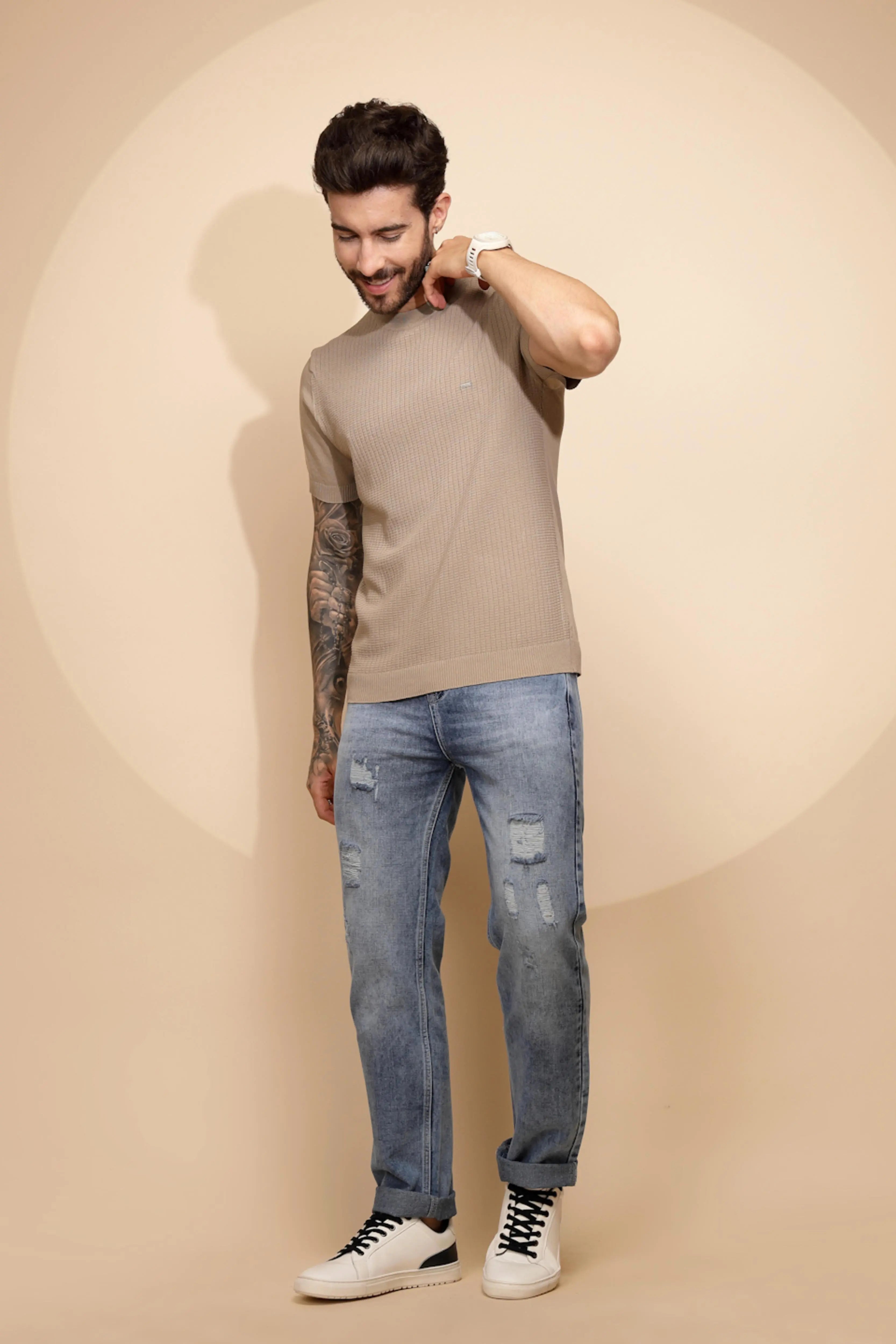 Beige Viscose Blend T-Shirt - Global Republic