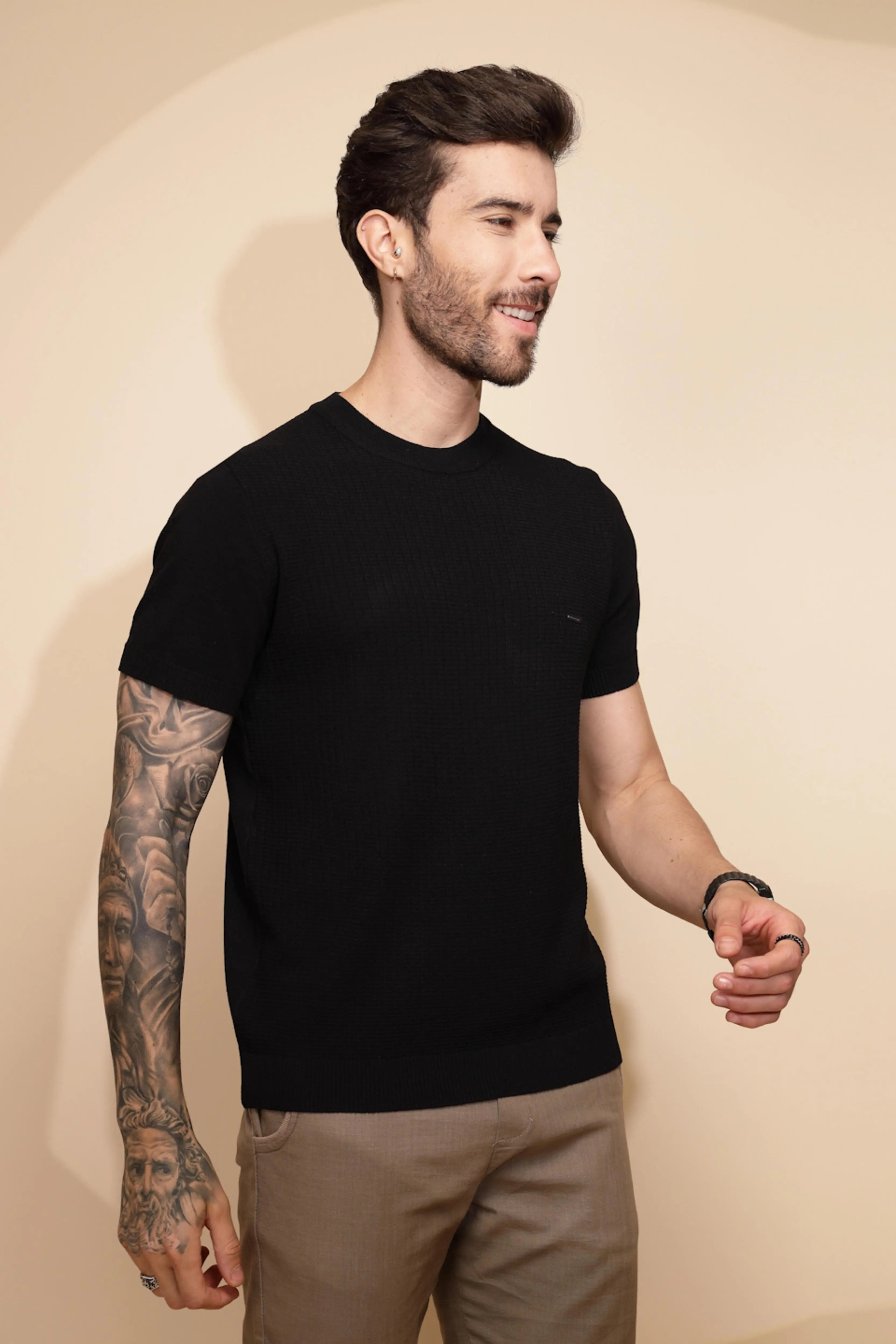 Black Viscose Blend Regular Fit T-Shirt - Global Republic