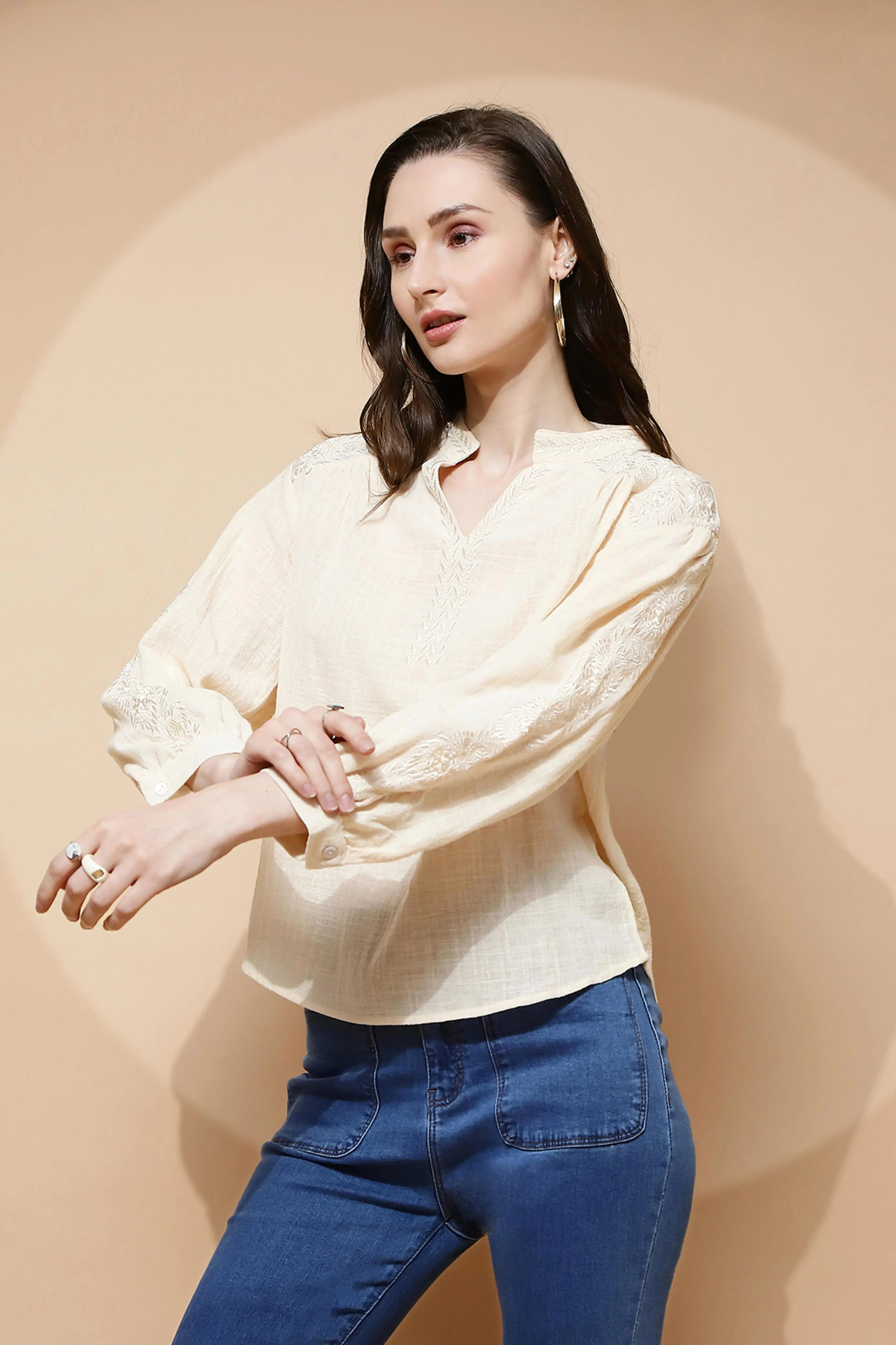 Natural Embroidered cotton Top - Global Republic