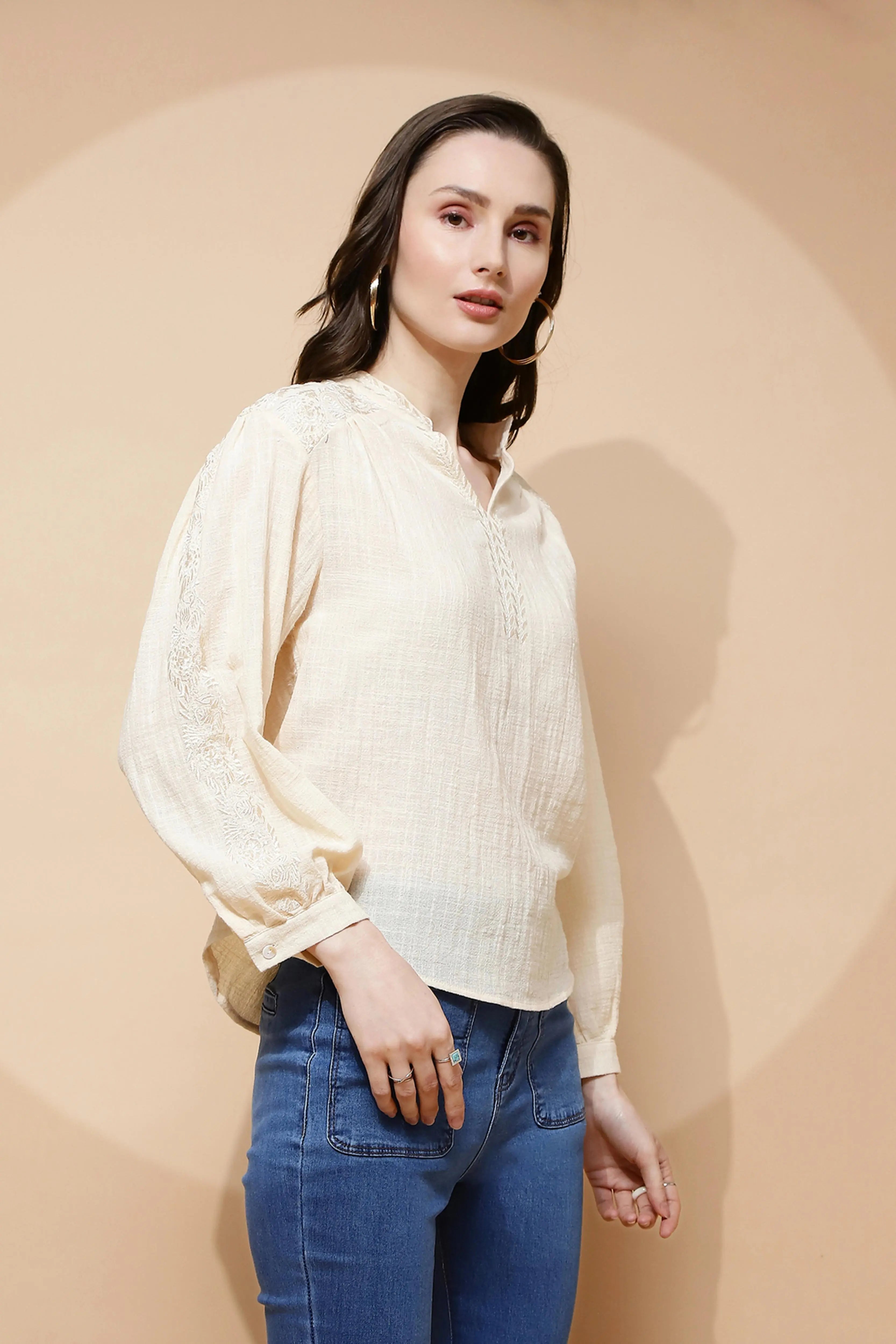 Natural Embroidered cotton Top - Global Republic