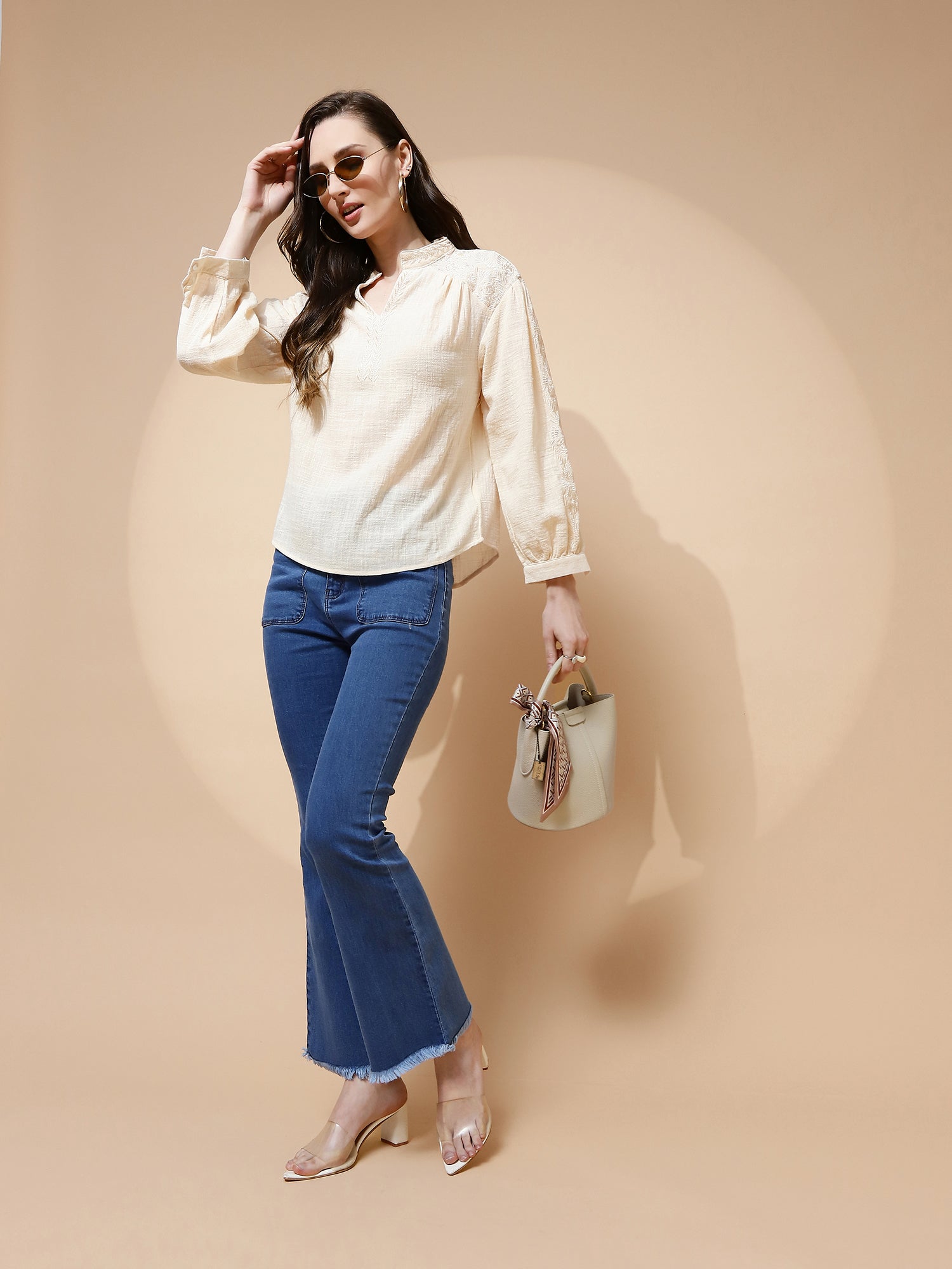 Natural Embroidered Polycotton Top