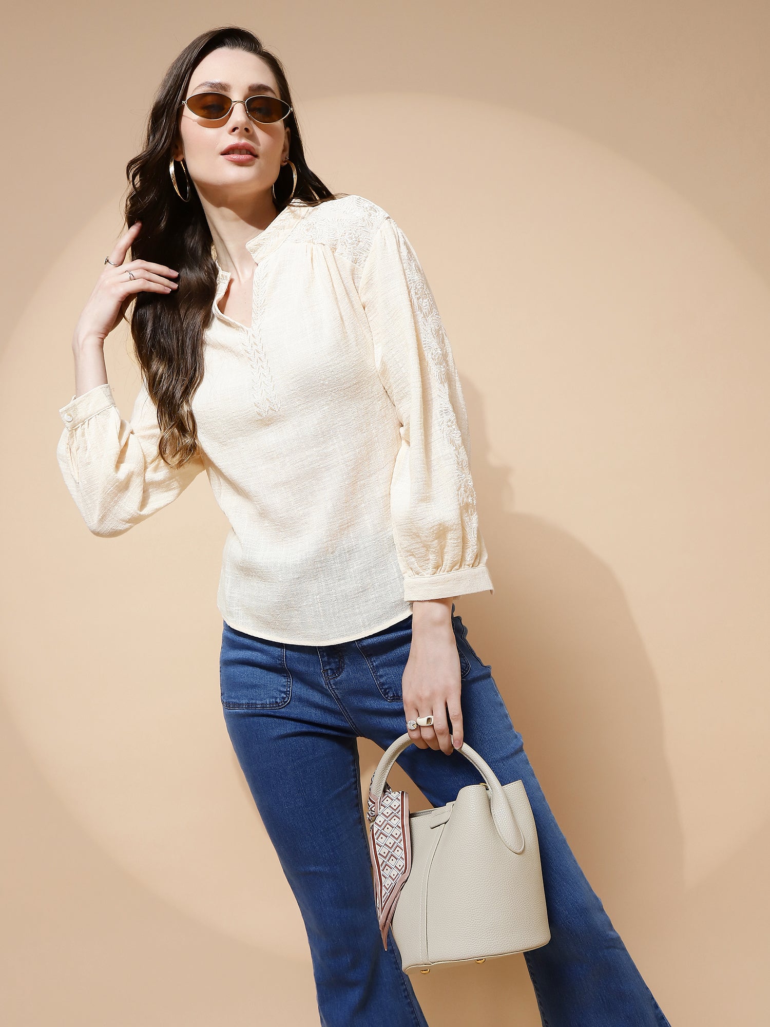 Natural Embroidered Polycotton Top
