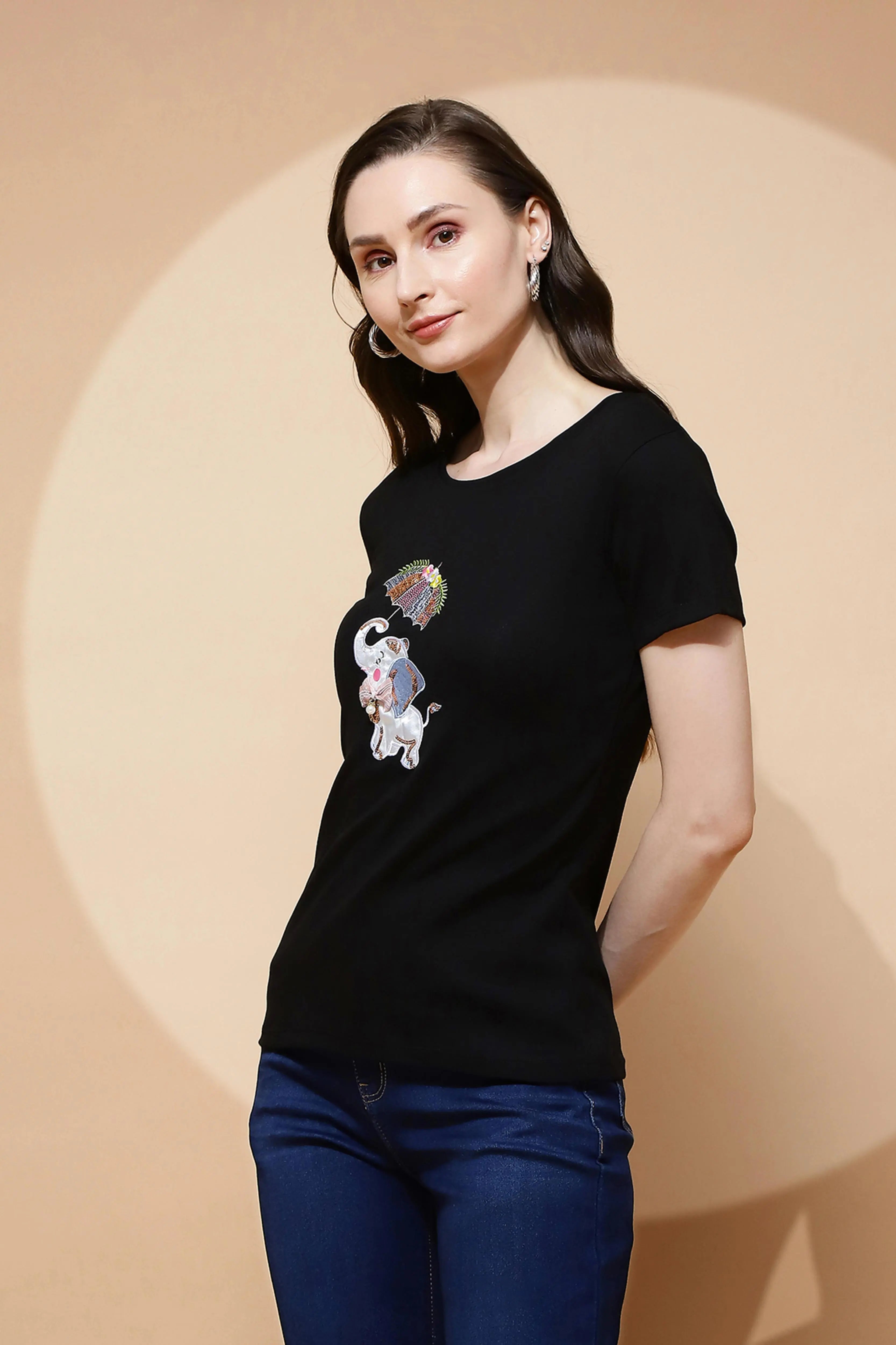 Black Cotton Blend Regular Fit Top - Global Republic