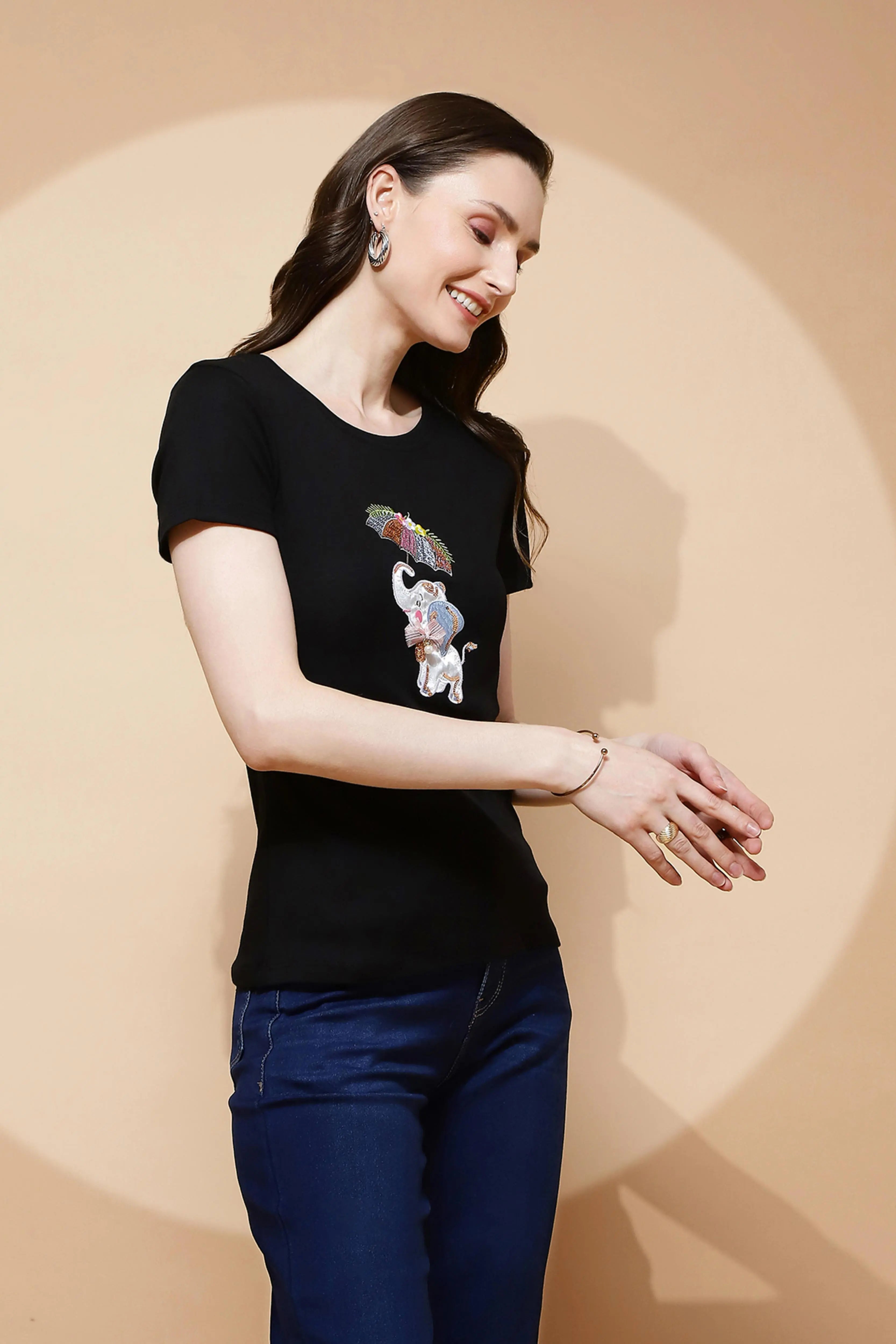 Black Cotton Blend Regular Fit Top - Global Republic