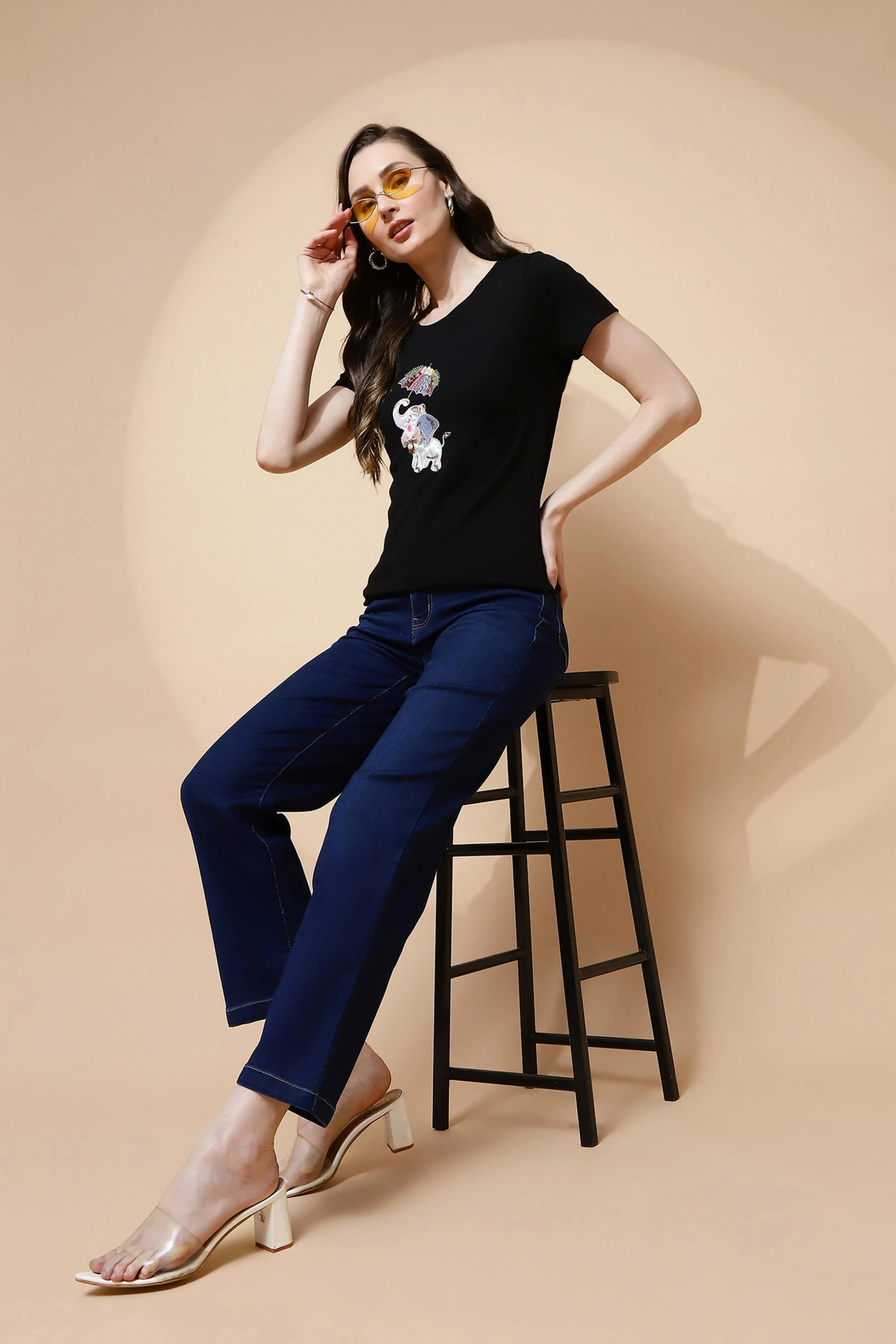 Black Cotton Blend Regular Fit Top - Global Republic