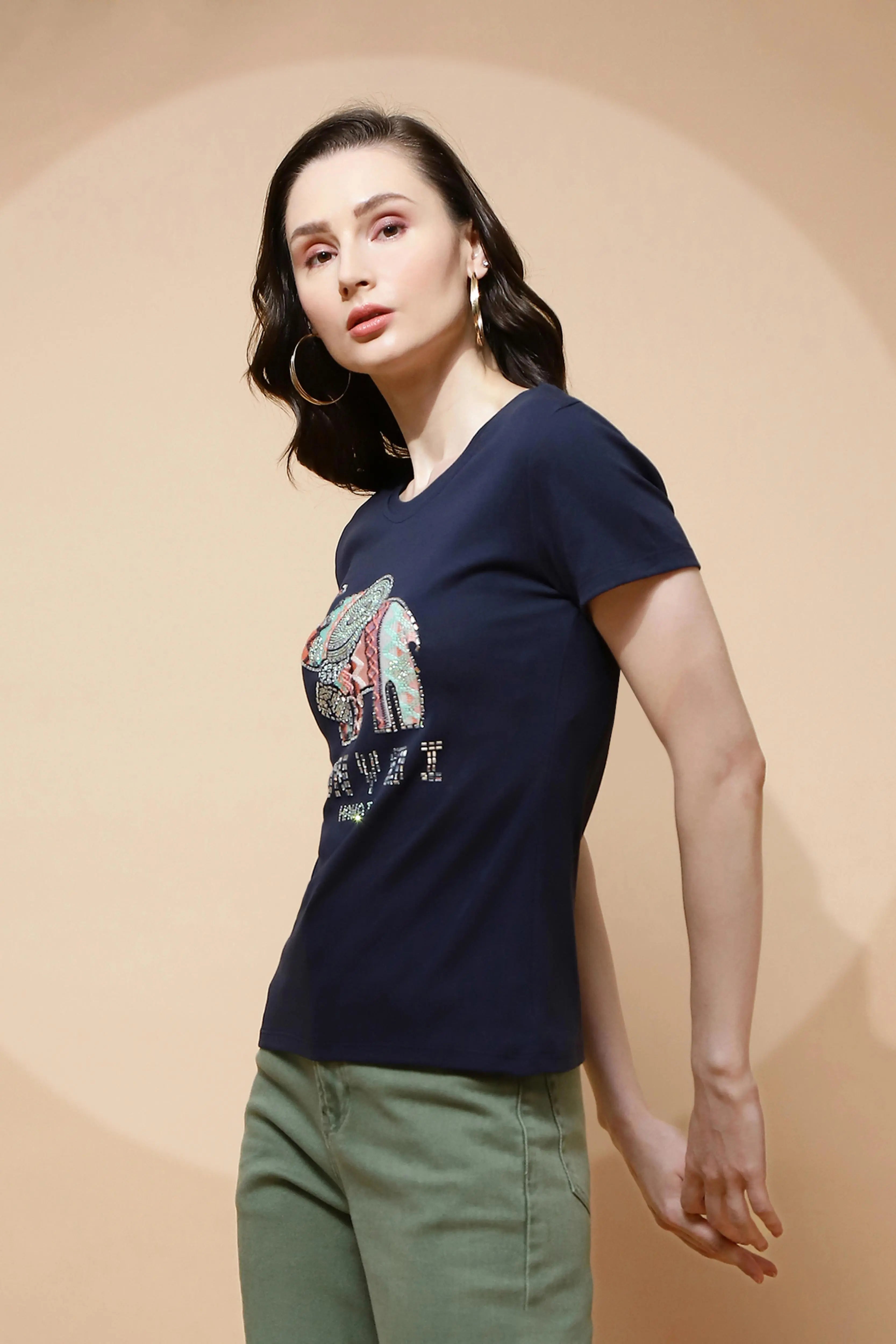Navy Blue Cotton Blend Graphic Top - Global Republic