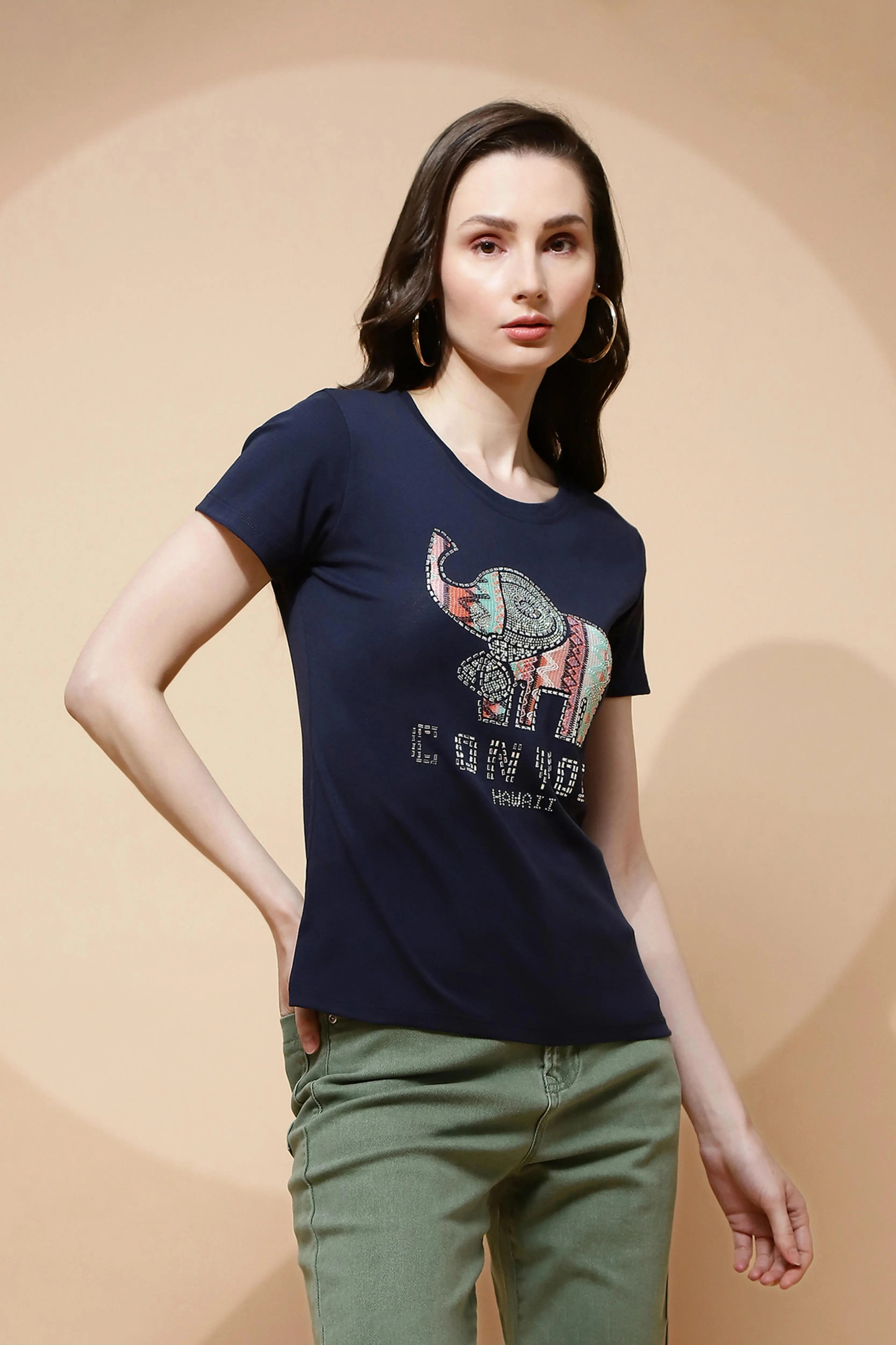 Navy Blue Cotton Blend Graphic Top - Global Republic