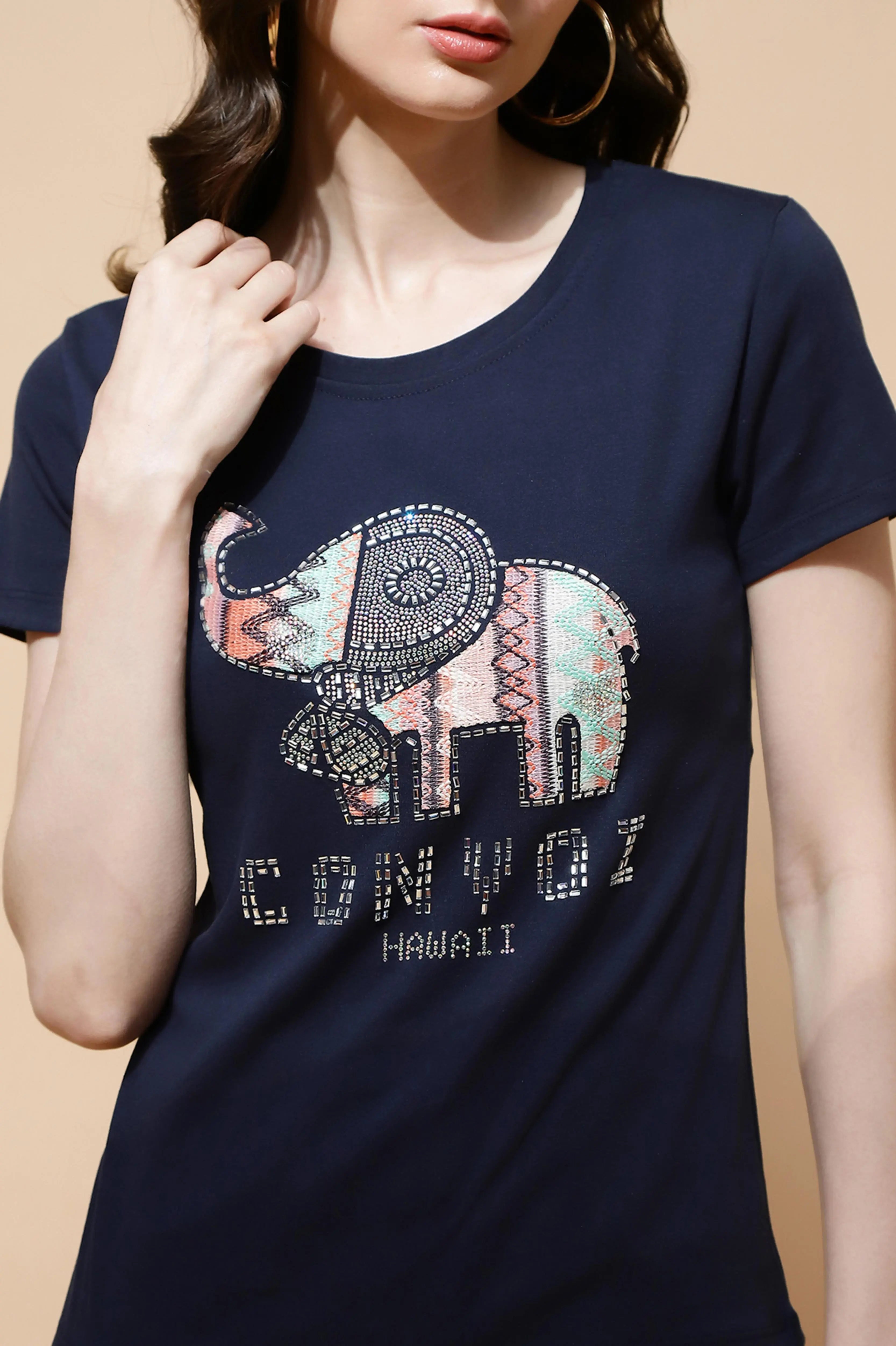 Navy Blue Cotton Blend Graphic Top - Global Republic