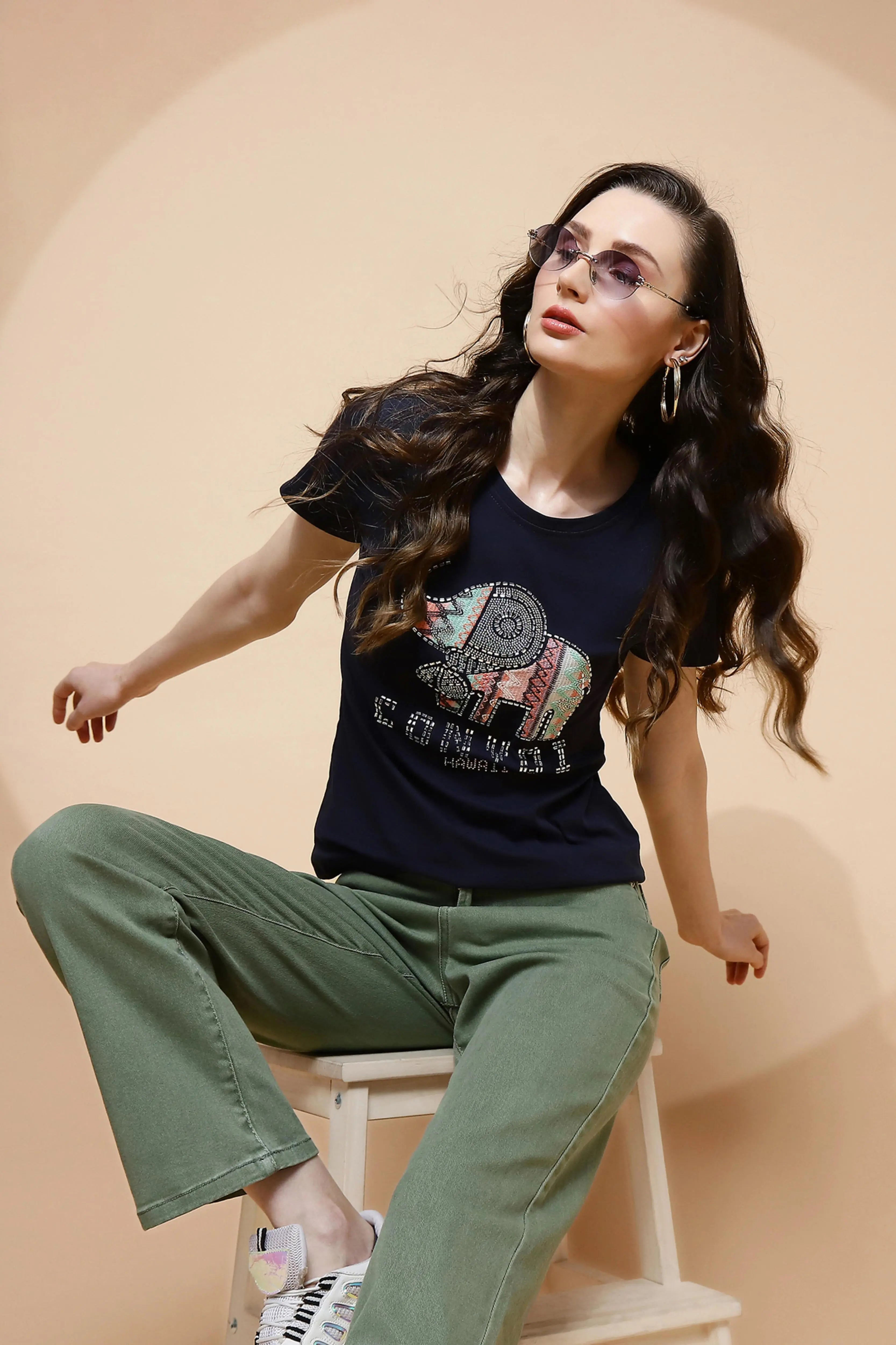 Navy Blue Cotton Blend Graphic Top - Global Republic