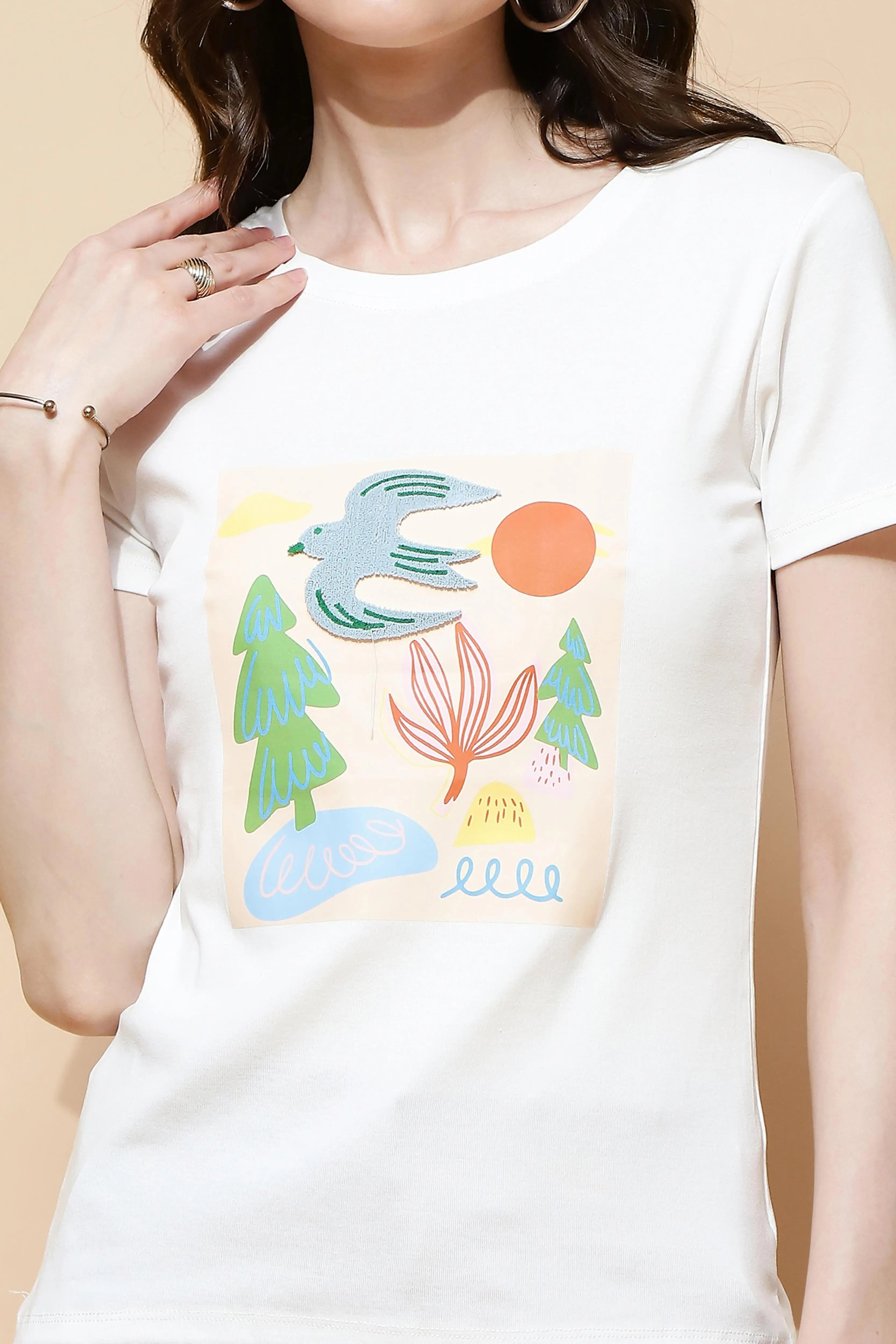 White Cotton Blend Graphic Top - Global Republic