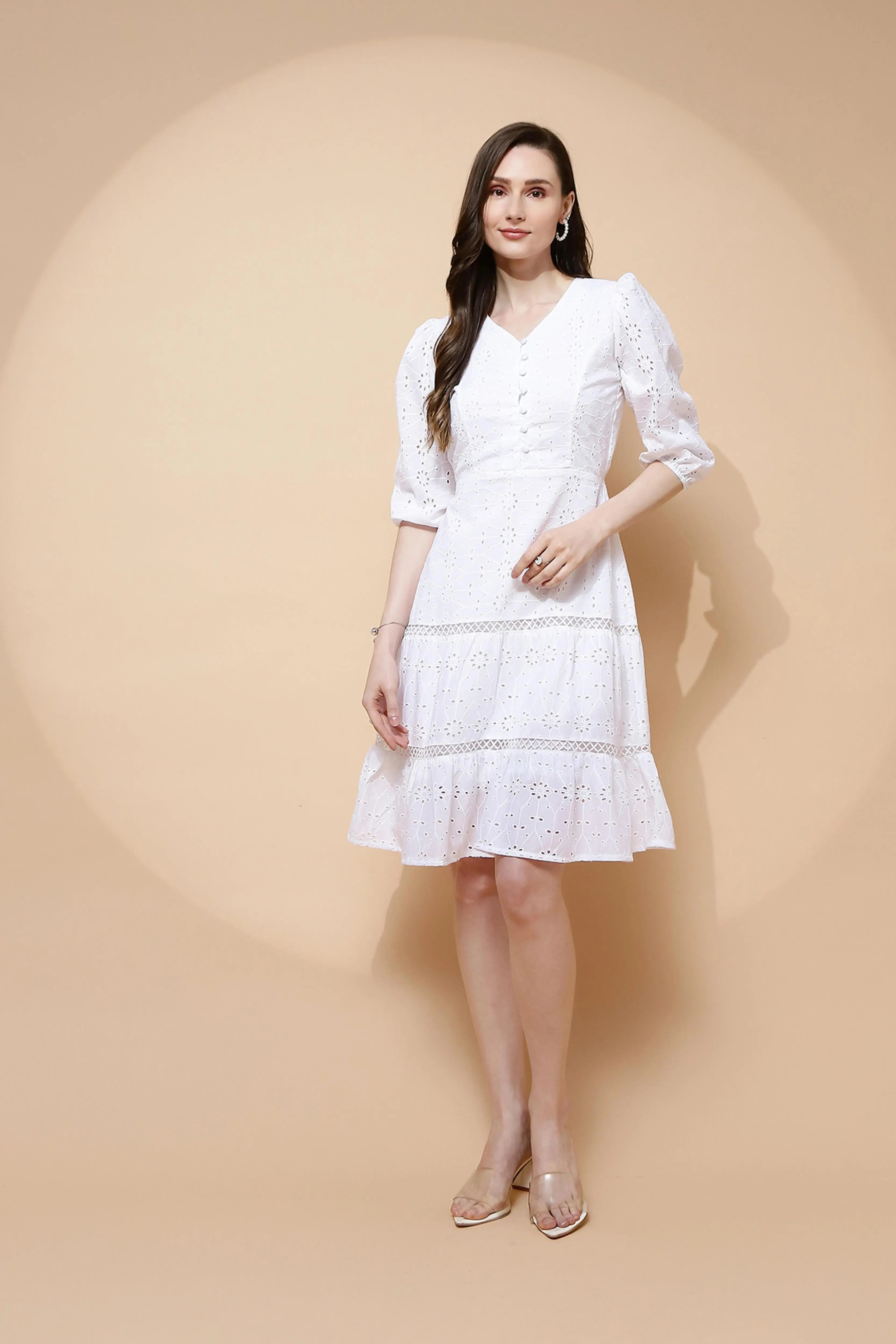 White Cotton Schiffli Flared Dress For Women - Global Republic