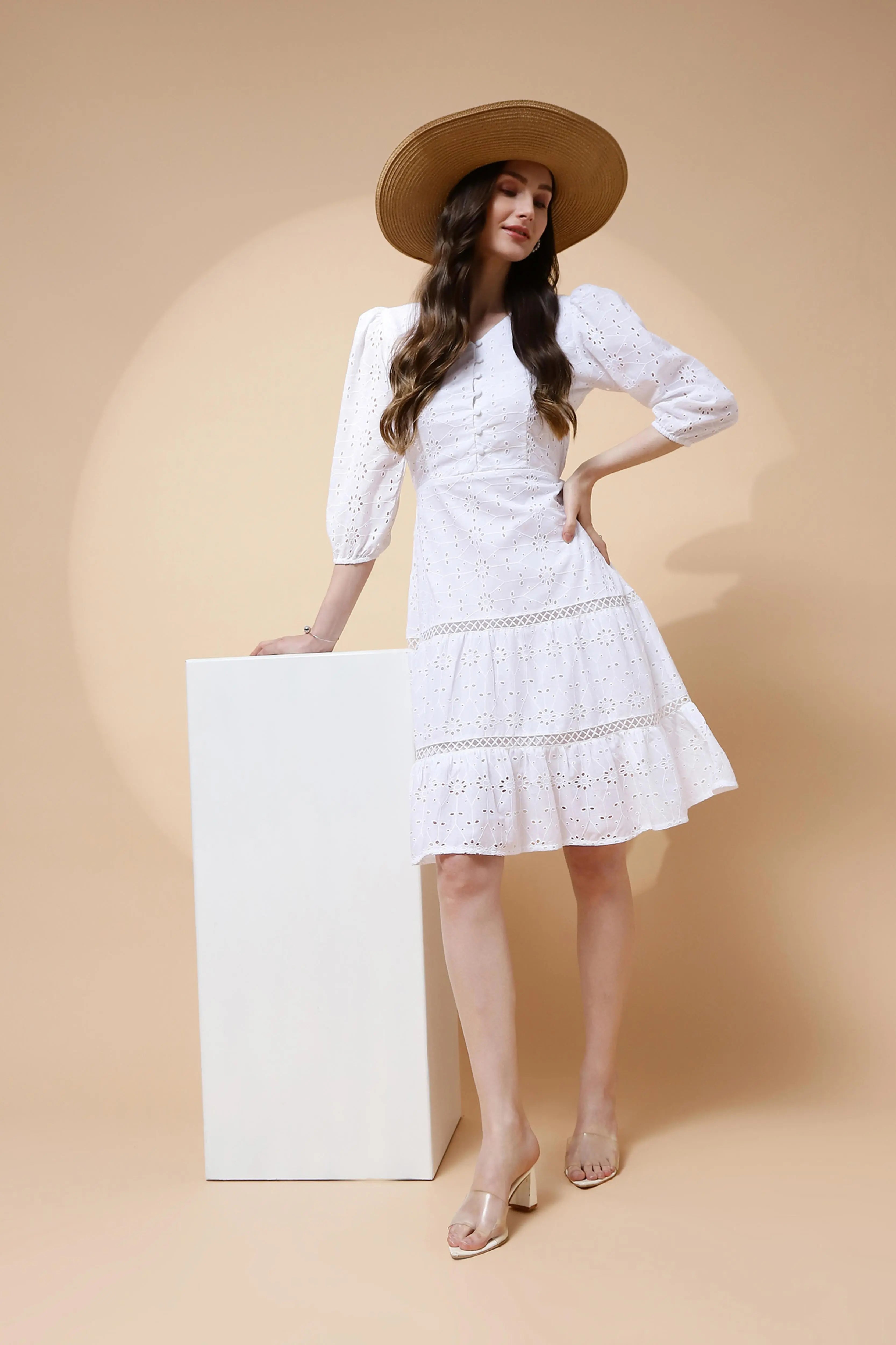 White Cotton Schiffli Flared Dress For - Global Republic