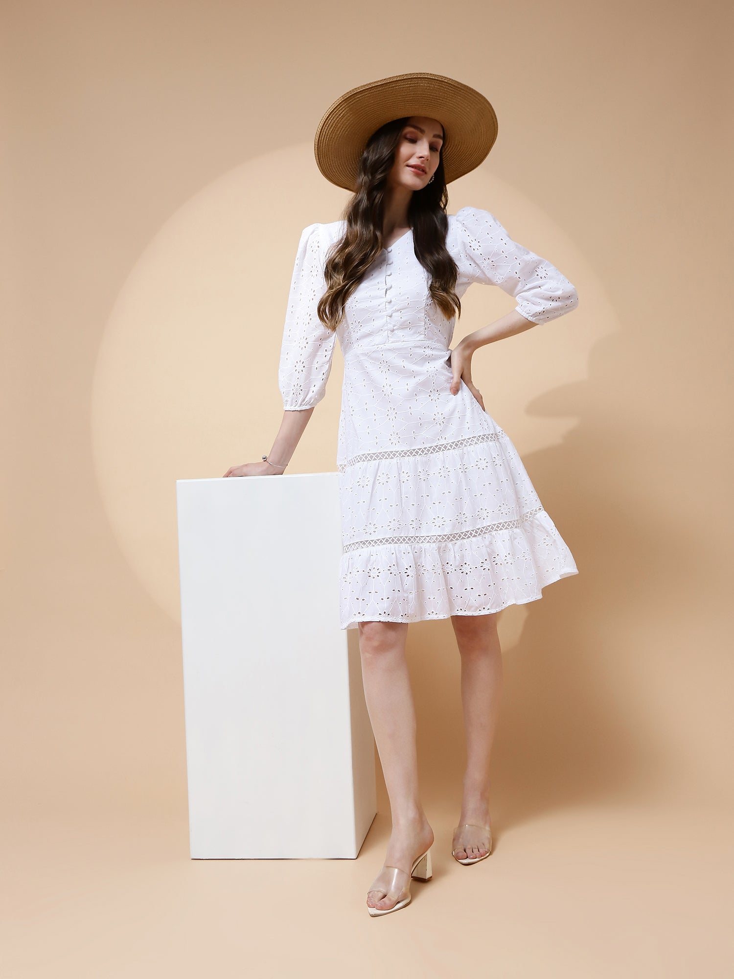 White Cotton Schiffli Flared Dress For Women - Global Republic