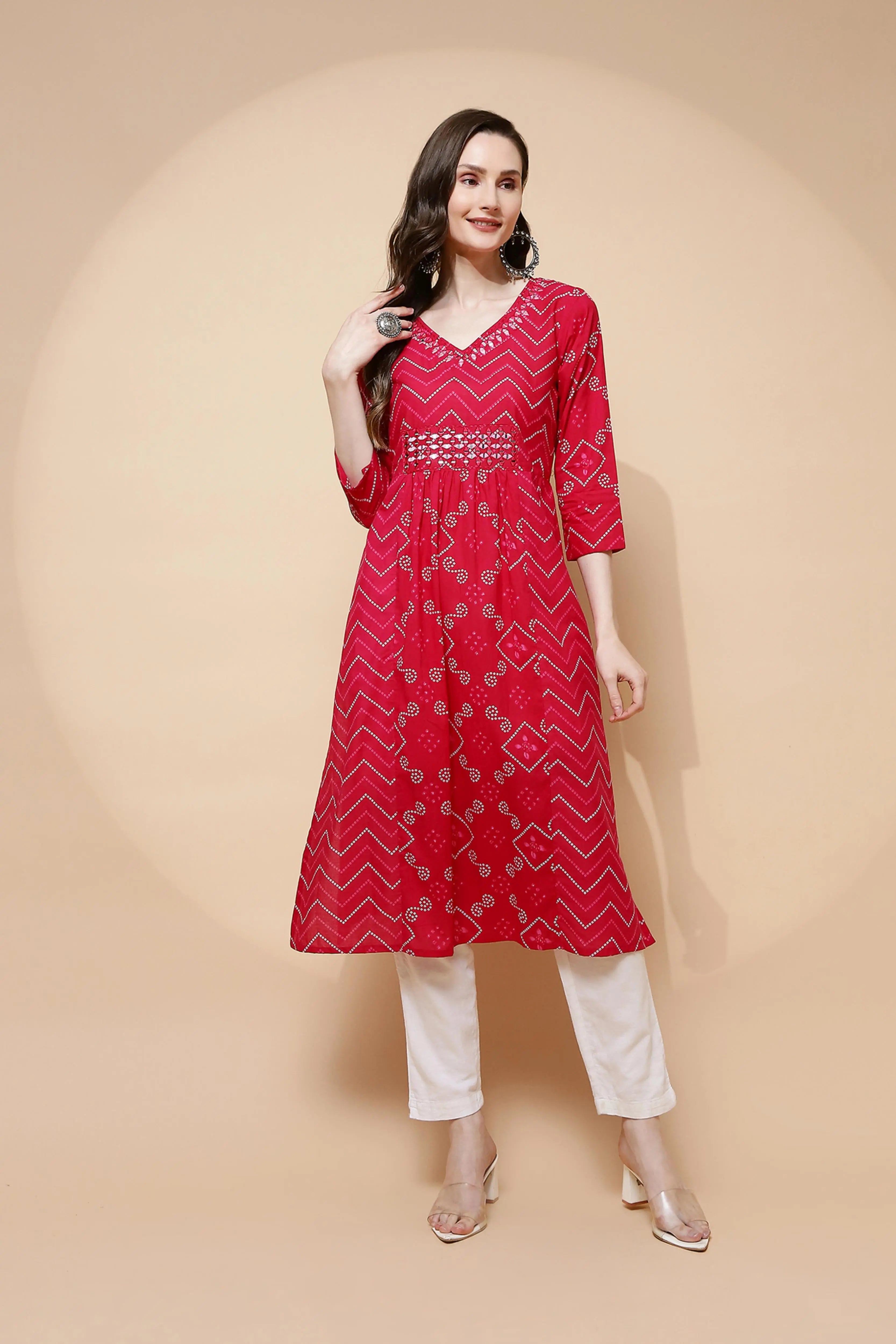 Fuchsia Cotton Blend A-Line Kurta - Global Republic