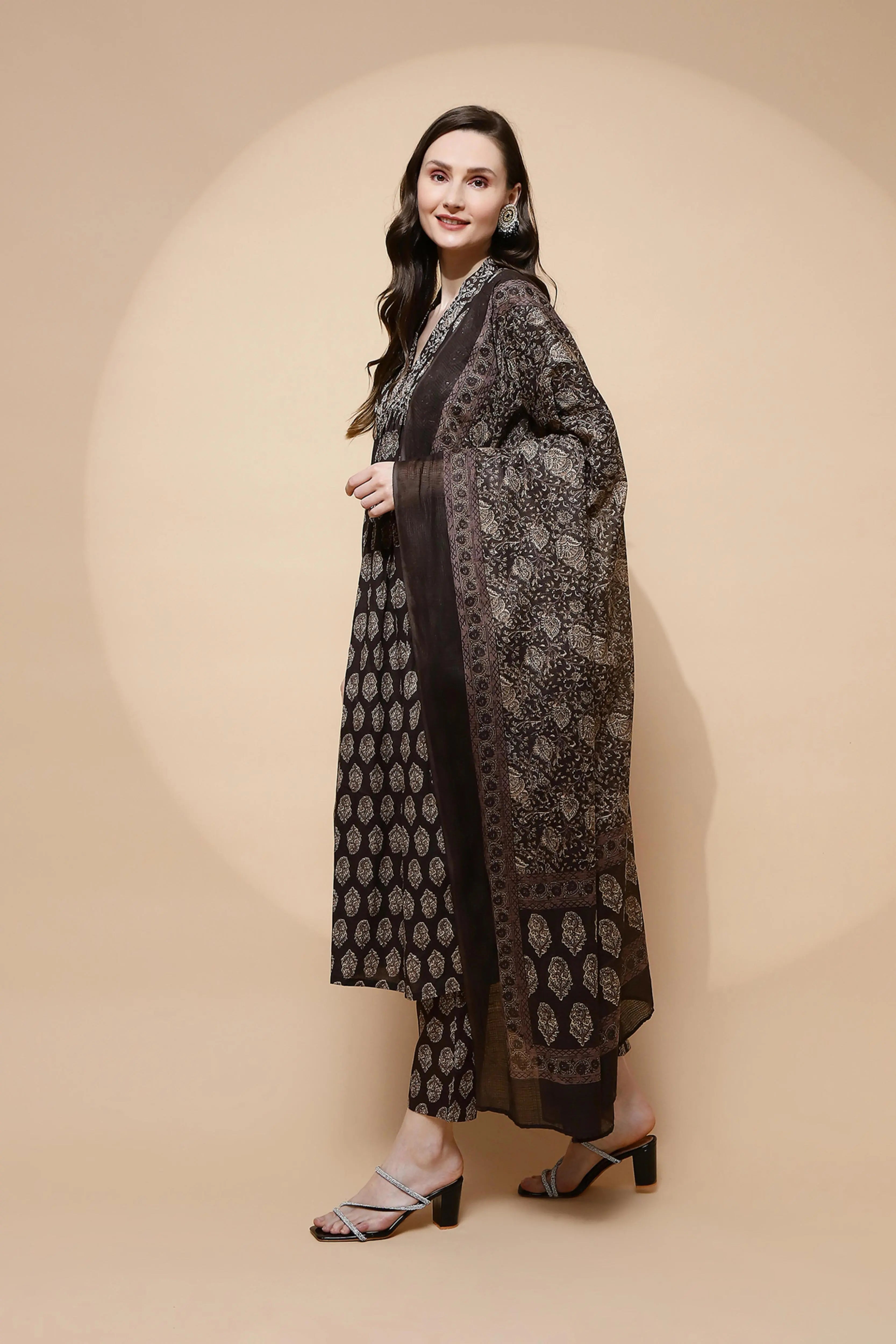Coffee Cotton Blend Loose Fit Suit Set For Women - Global Republic