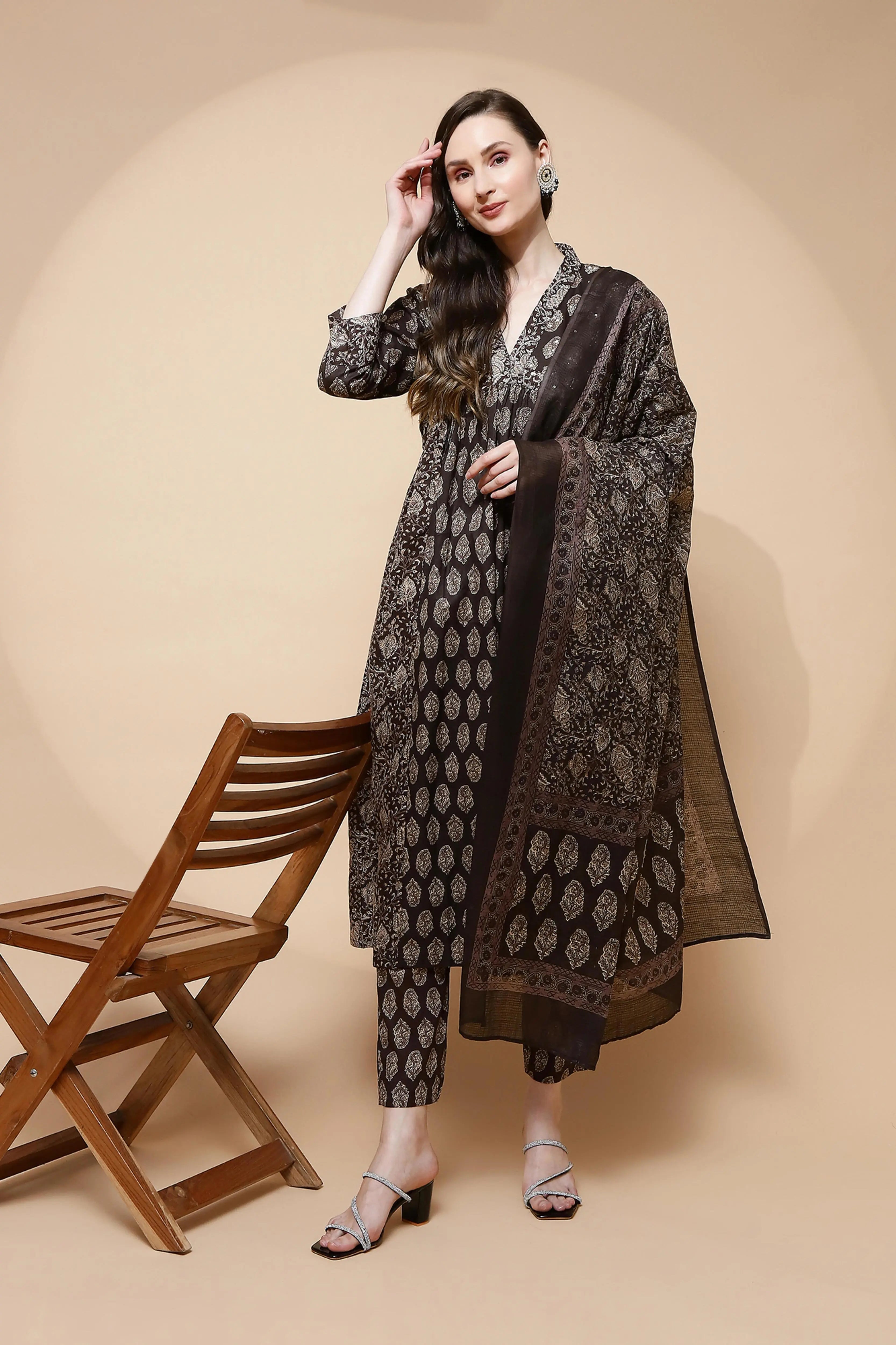 Coffee Cotton Blend Loose Fit Suit Set For Women - Global Republic