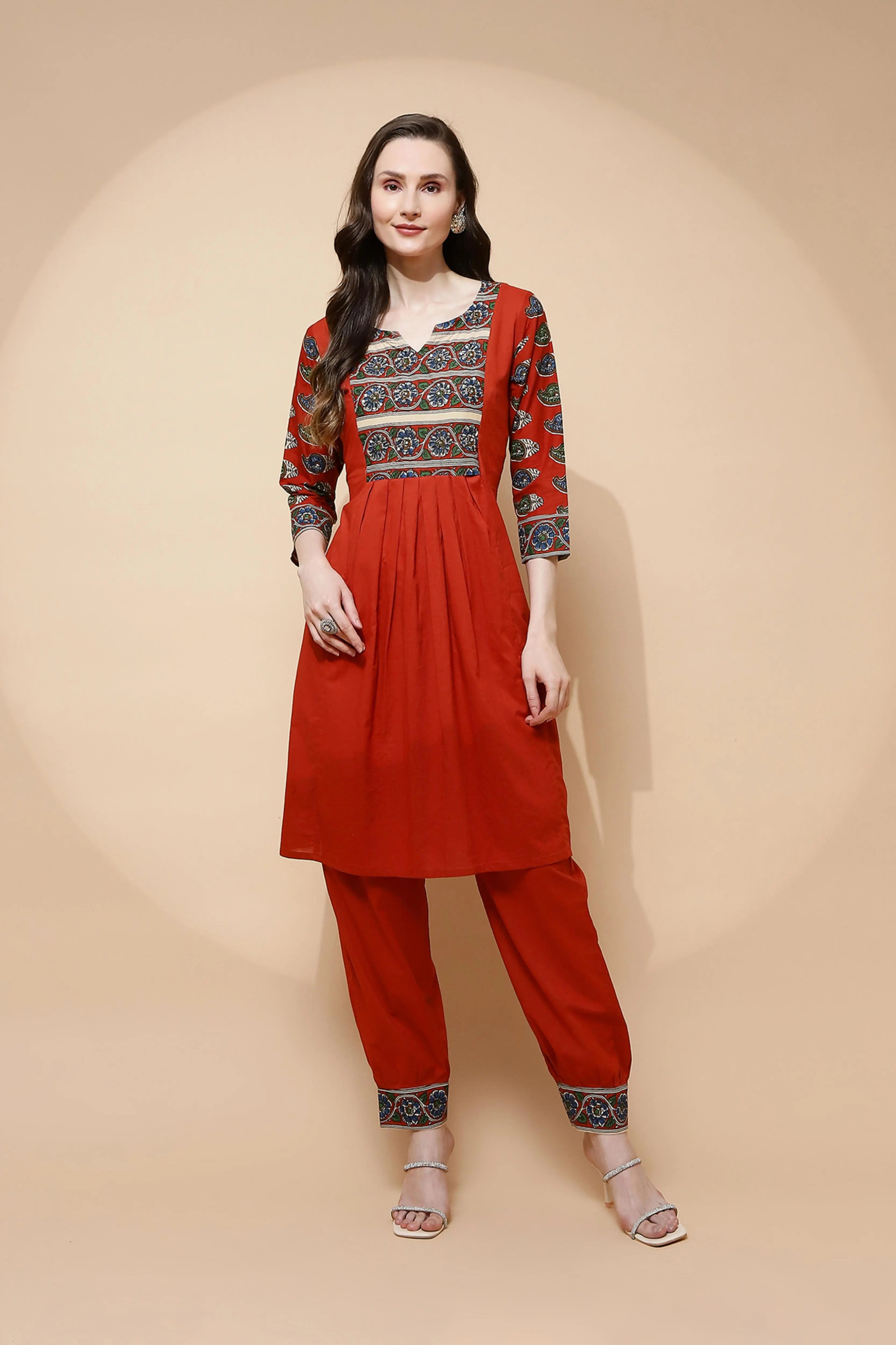 Rust Cotton Blend Loose Fit Tunic Set For Women - Global Republic