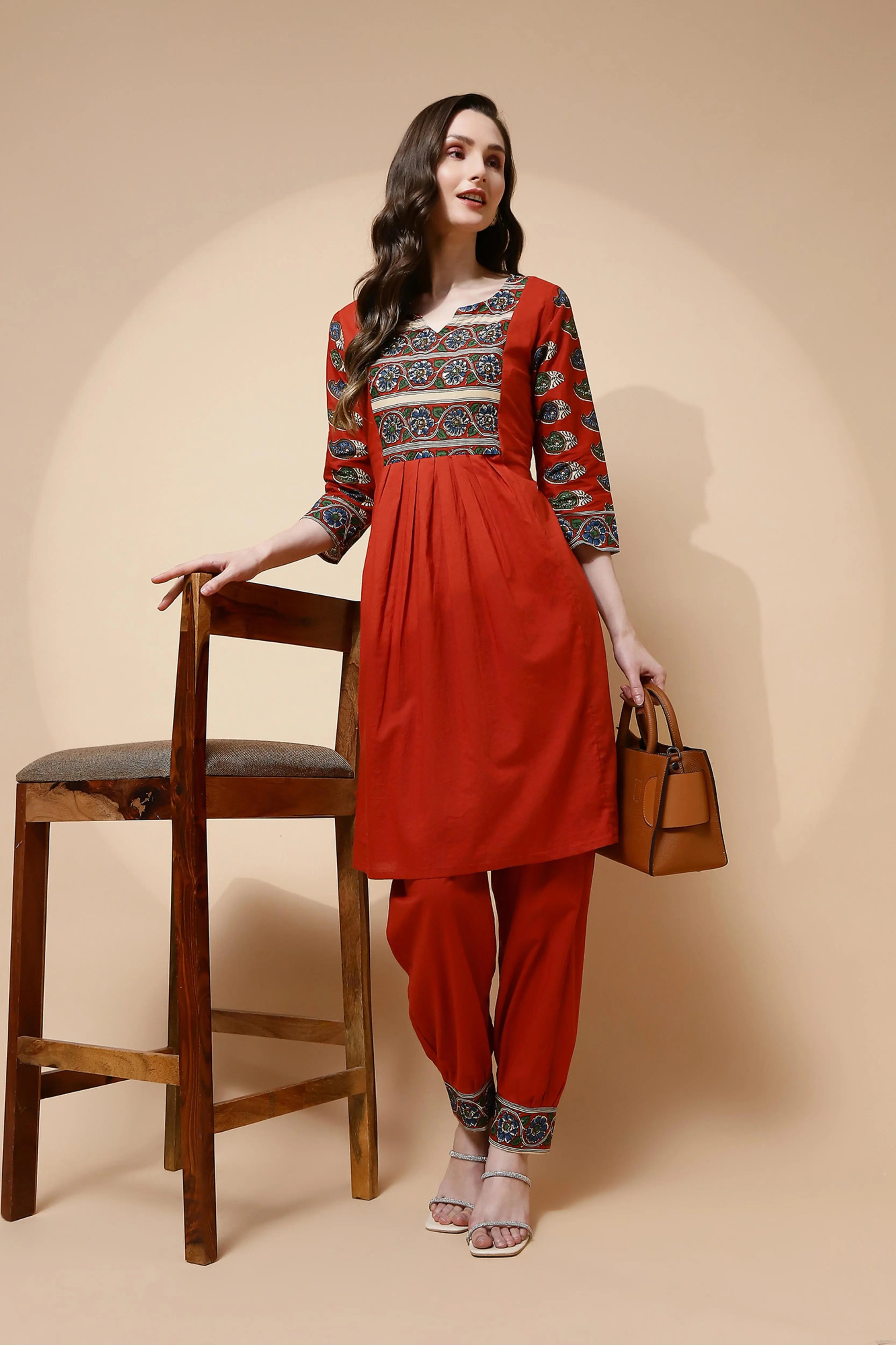 Rust Cotton Blend Loose Fit Tunic Set For Women - Global Republic