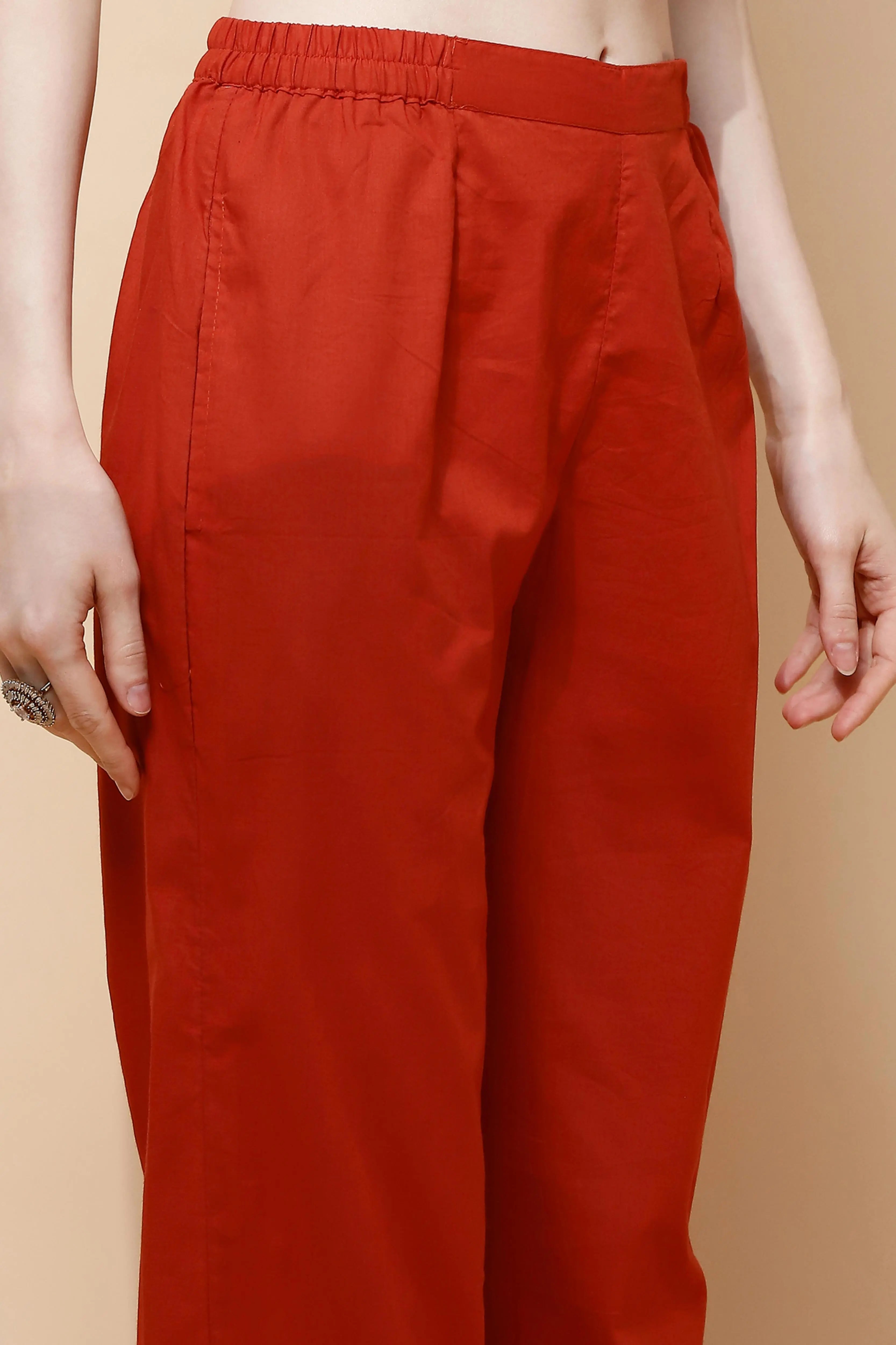 Rust Cotton Blend Loose Fit Tunic Set For Women - Global Republic