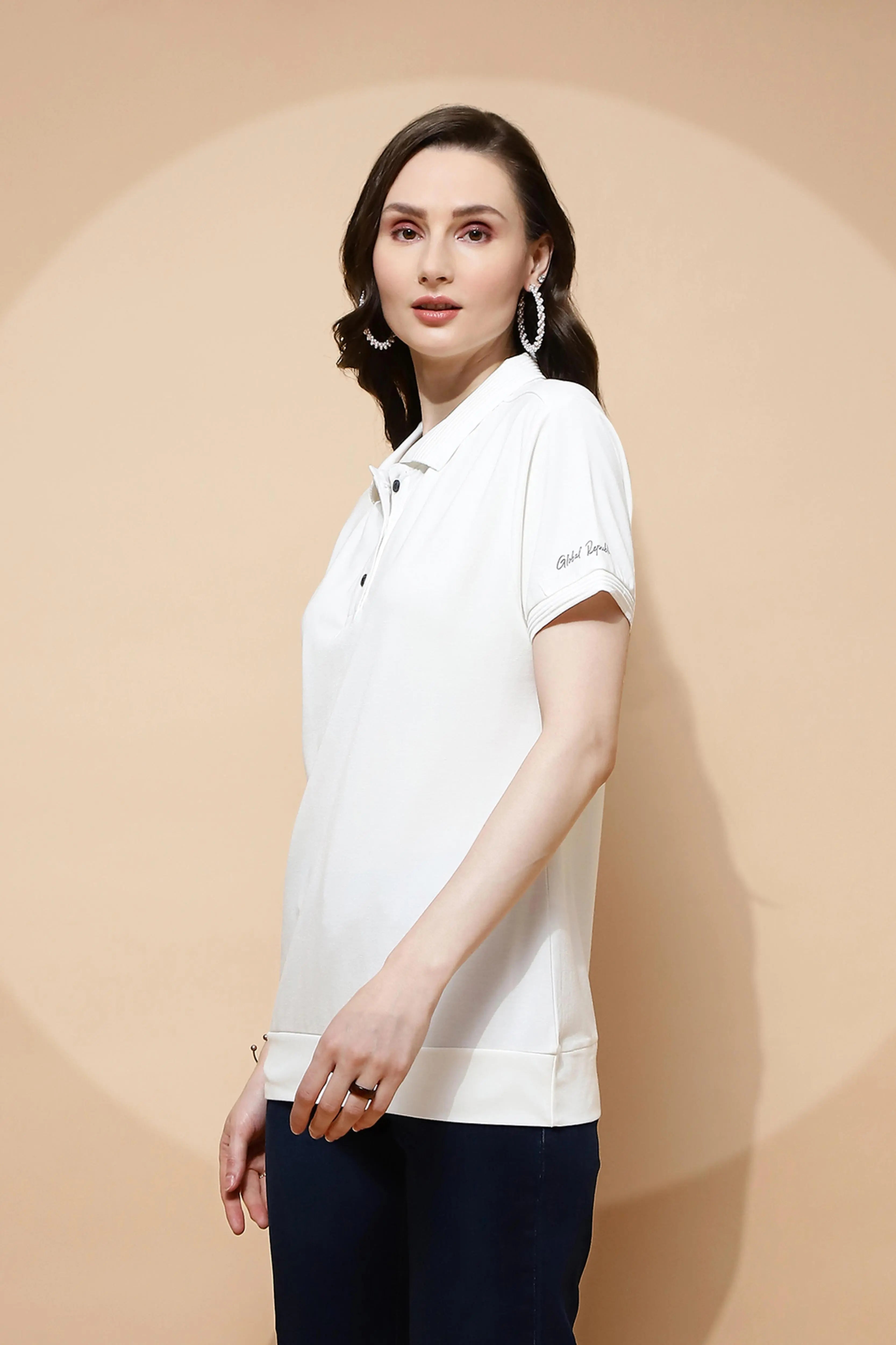 Off White Rayon Blend Regular Fit T-Shirt For Women - Global Republic