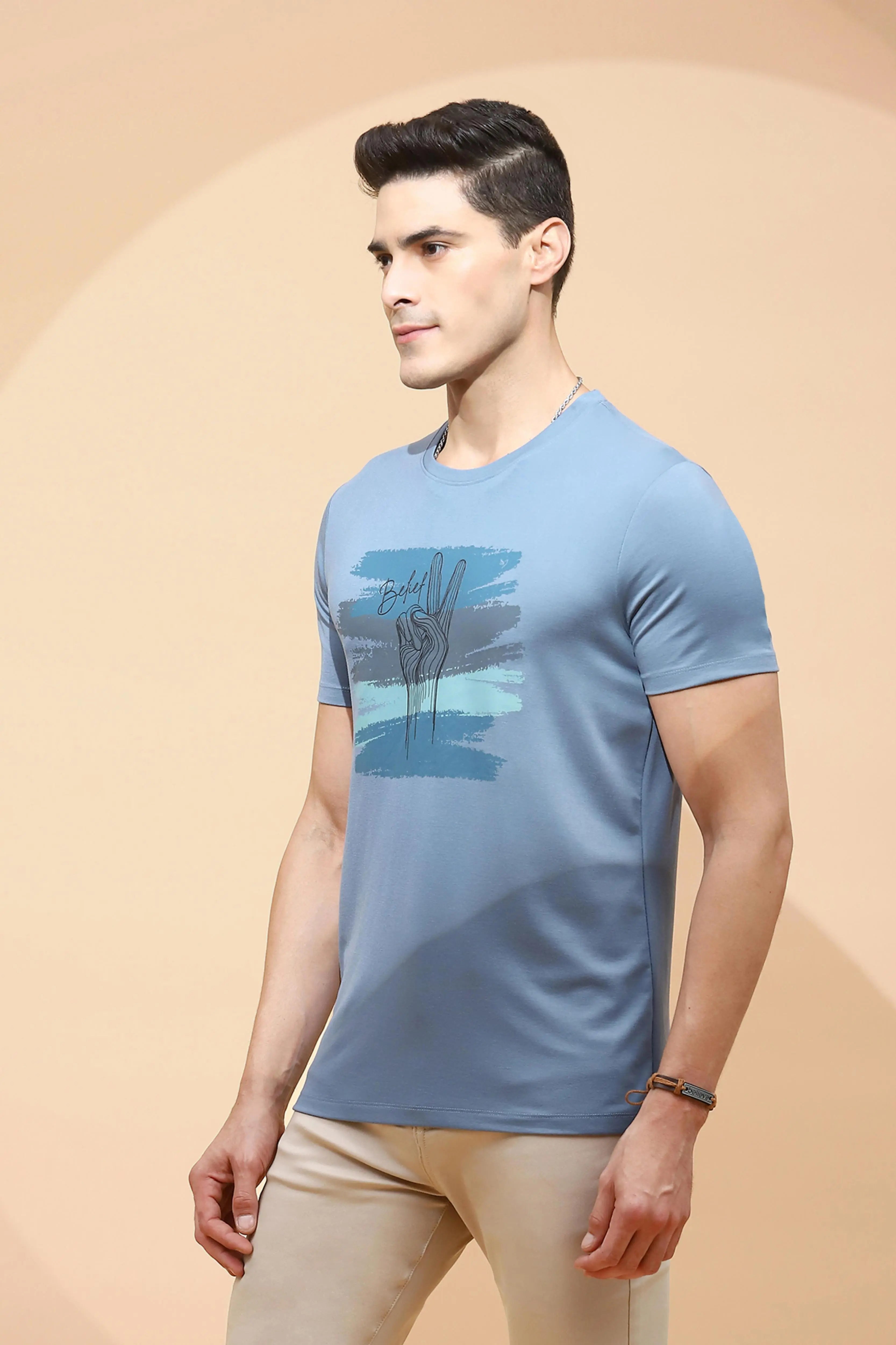 Teal Cotton Blend Regular Fit T-Shirt For Men - Global Republic